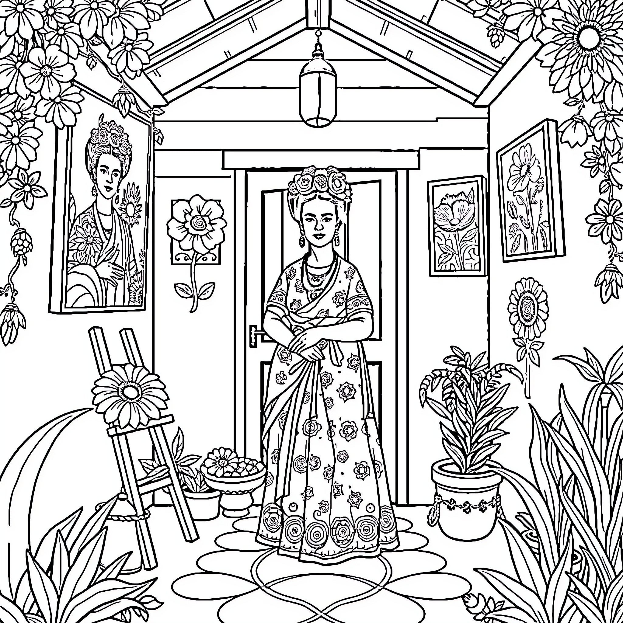 Frida Kahlo's Artistic Studio and Colorful Surroundings Coloring Page (free black-and-white line drawing printable PDF for all, from beginners to advanced learners, including children, teens, adults, and seniors)