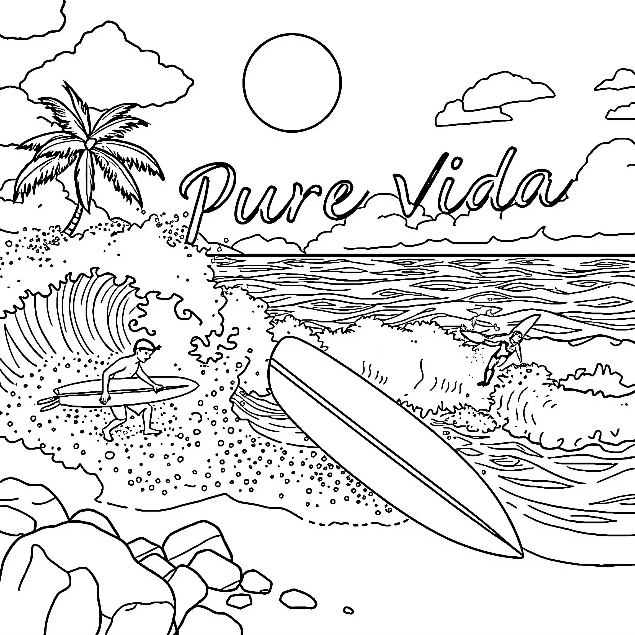 Surf: Surfers' Paradise on the Horizon Coloring Page (free black-and-white line drawing printable PDF for all, from beginners to advanced learners, including children, teens, adults, and seniors)