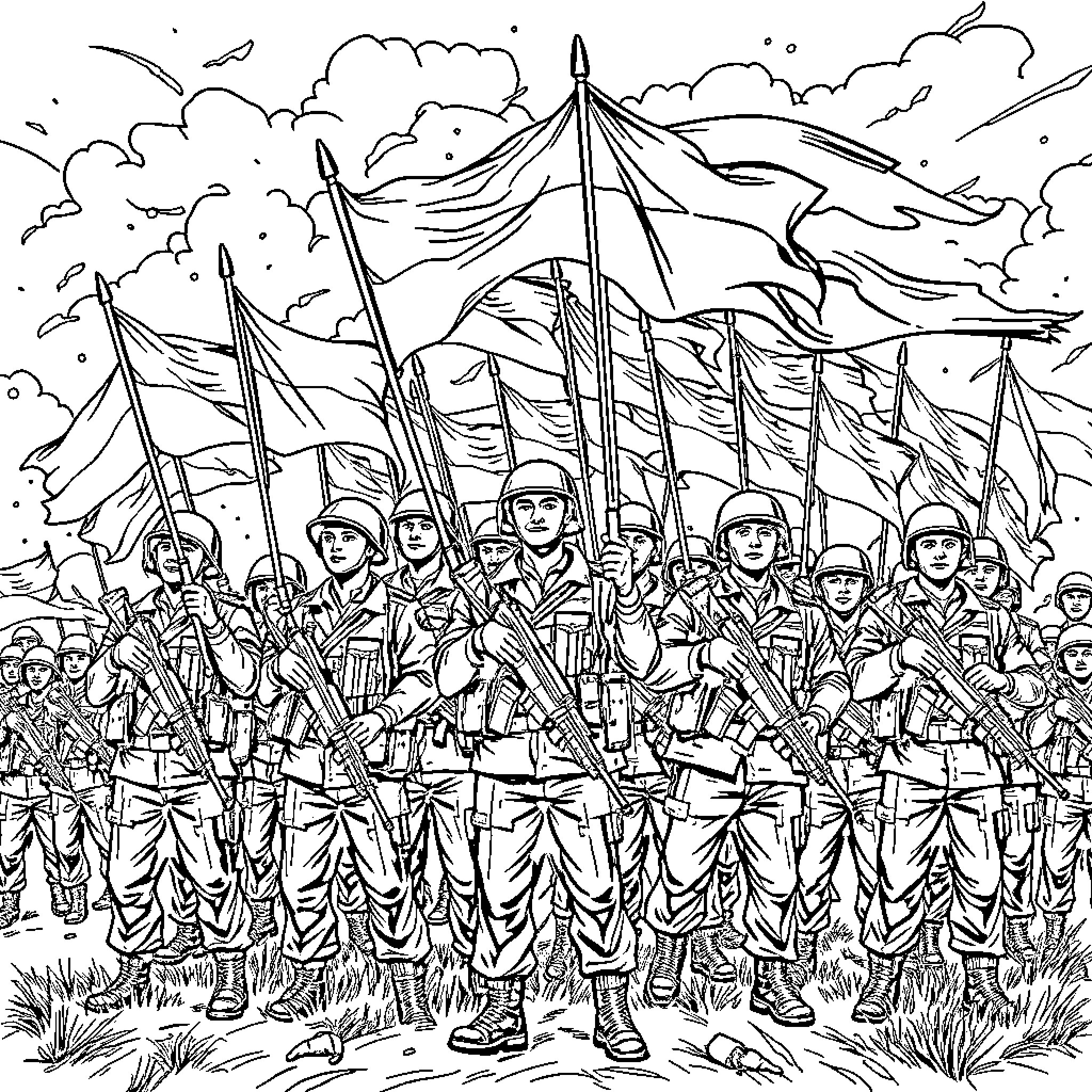 Soldier battalion marching with flags and weapons Coloring Page (free black-and-white line drawing printable PDF for all, from beginners to advanced learners, including children, teens, adults, and seniors)