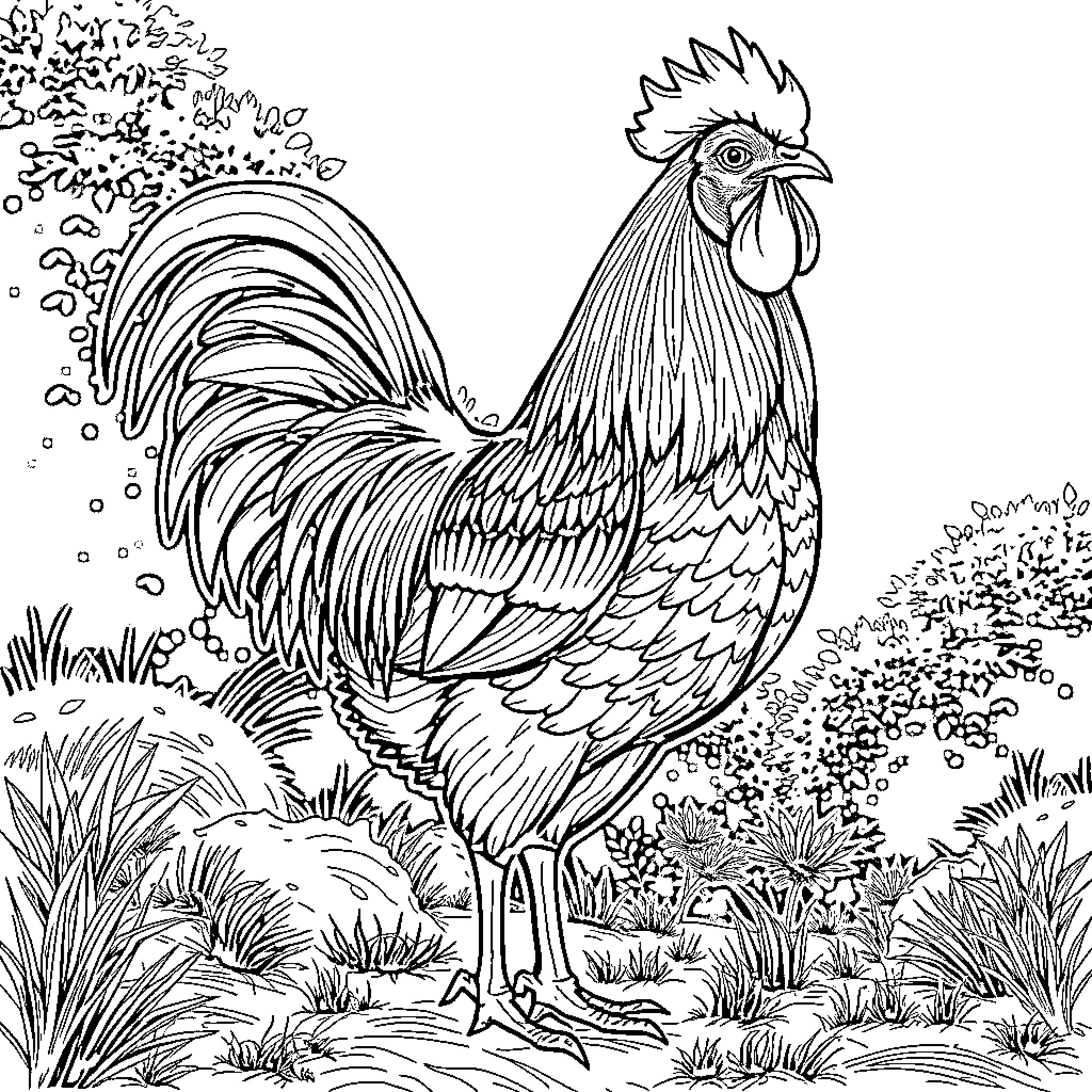 Rooster standing proudly in a lush garden Coloring Page (free black-and-white line drawing printable PDF for all, from beginners to advanced learners, including children, teens, adults, and seniors)