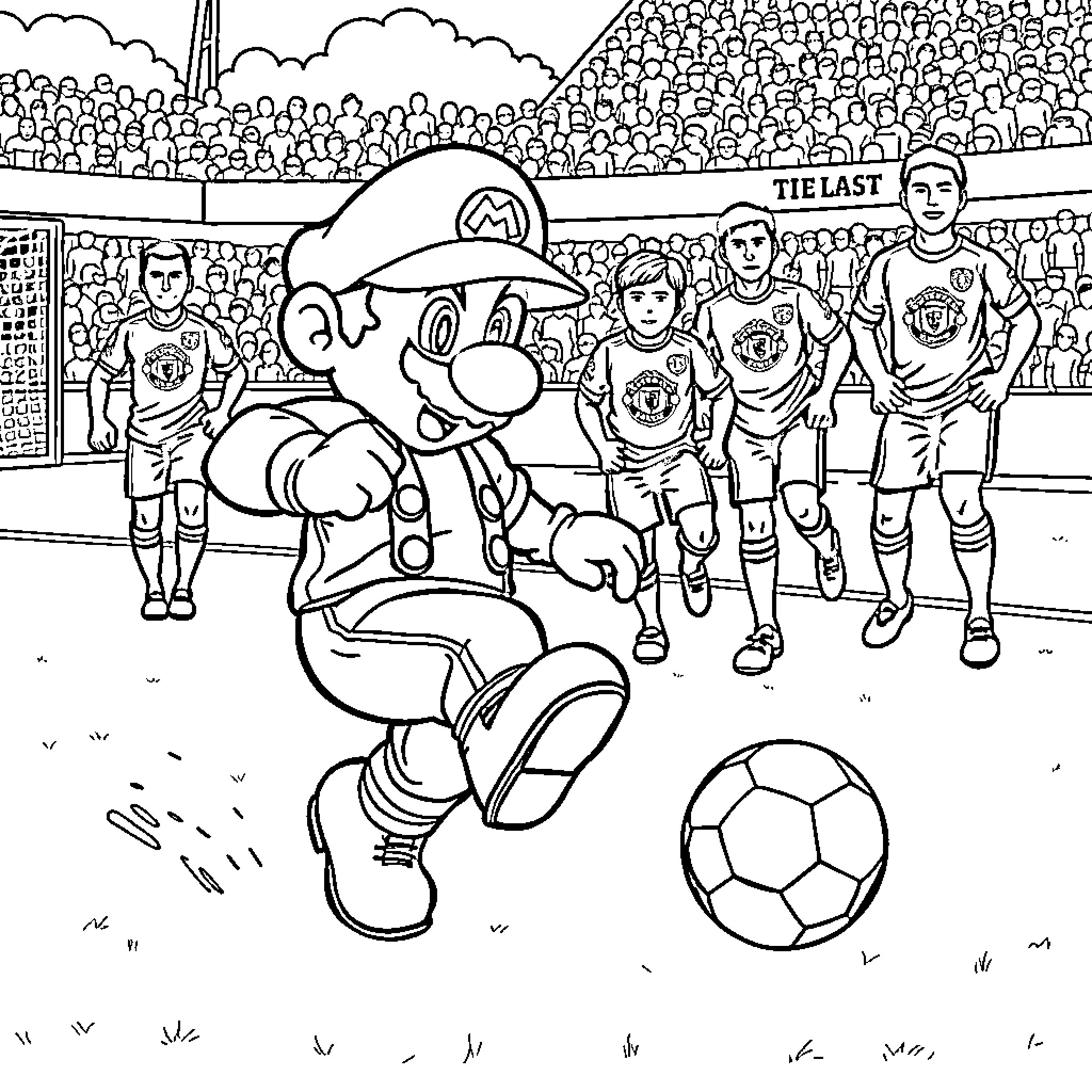 Super Mario playing soccer with a team Coloring Page (free black-and-white line drawing printable PDF for all, from beginners to advanced learners, including children, teens, adults, and seniors)
