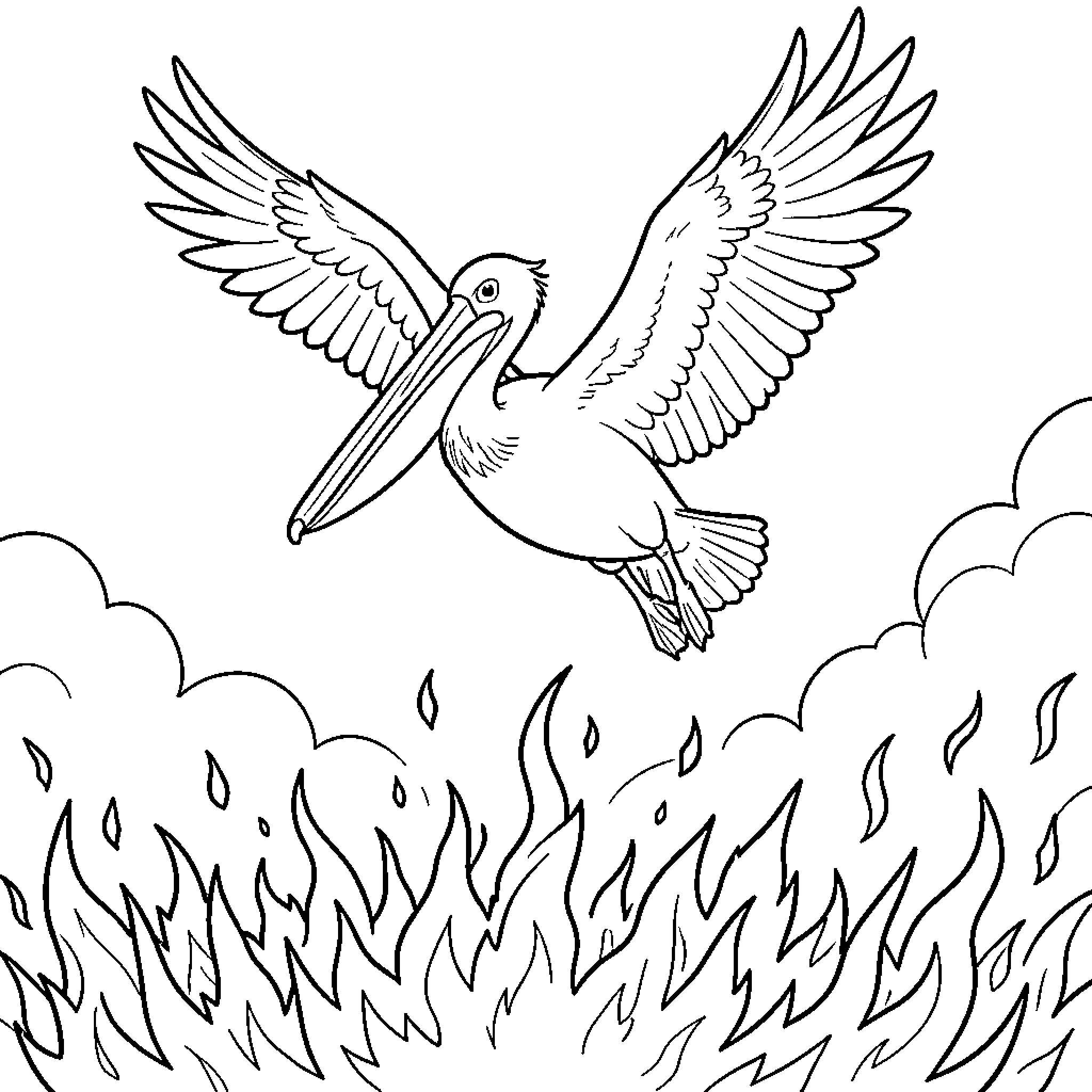 Pelican soaring above the flames Coloring Page (free black-and-white line drawing printable PDF for all, from beginners to advanced learners, including children, teens, adults, and seniors)