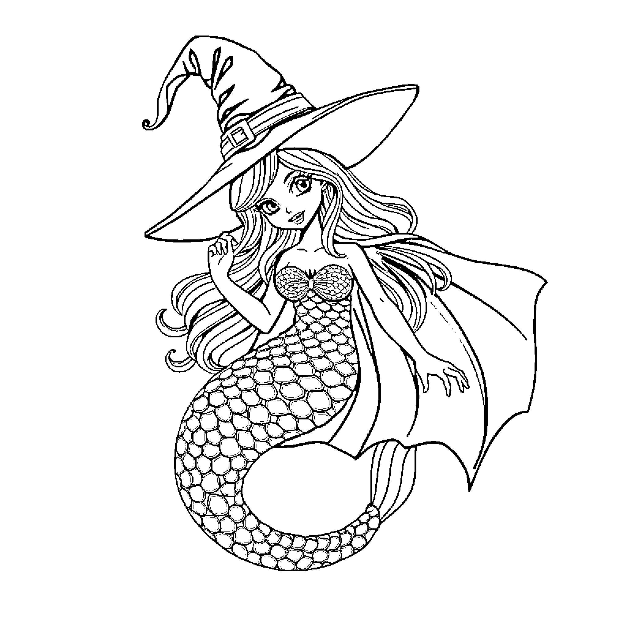 Mermaid witch in a magical sea Coloring Page (free black-and-white line drawing printable PDF for all, from beginners to advanced learners, including children, teens, adults, and seniors)