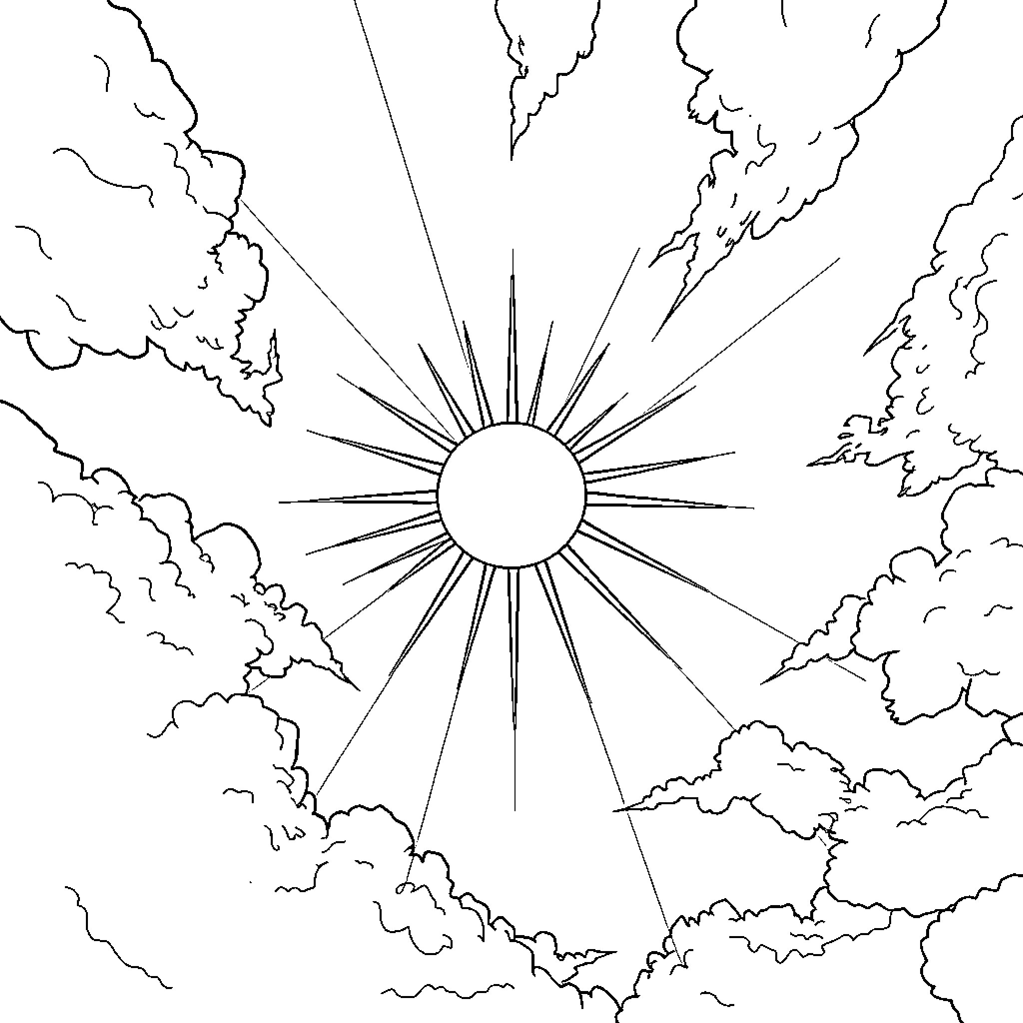 Sun shining brightly through the cloudy sky Coloring Page (free black-and-white line drawing printable PDF for all, from beginners to advanced learners, including children, teens, adults, and seniors)