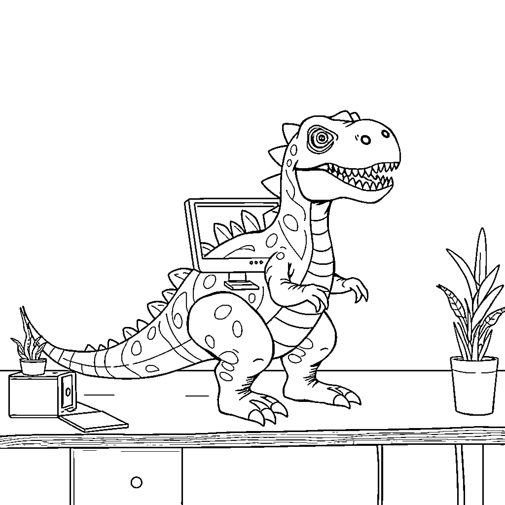 Dinosaur playing with computer in office Coloring Page (free black-and-white line drawing printable PDF for all, from beginners to advanced learners, including children, teens, adults, and seniors)