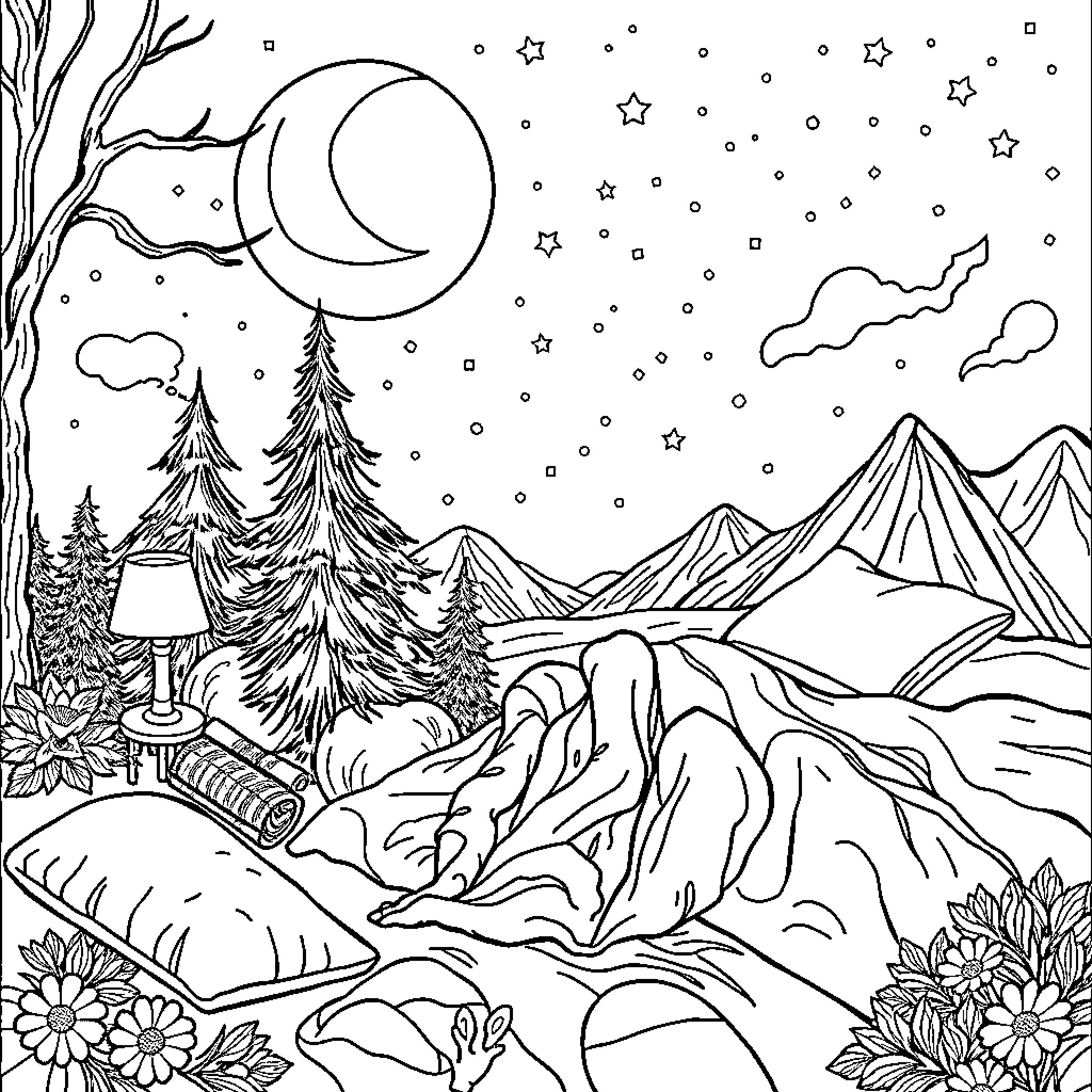Sleep under the stars in the wilderness Coloring Page (free black-and-white line drawing printable PDF for all, from beginners to advanced learners, including children, teens, adults, and seniors)