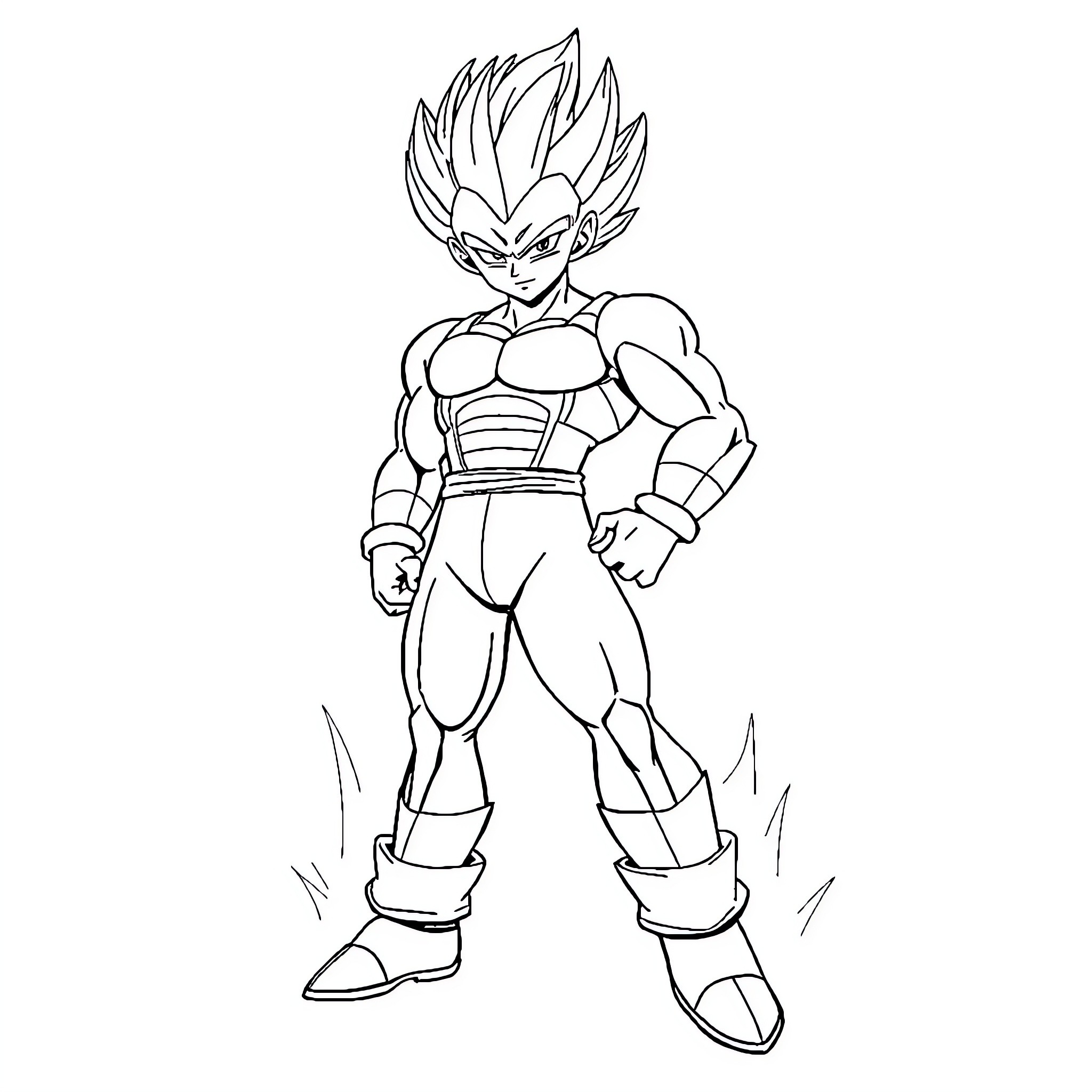 Vegeta in a battle-ready pose Coloring Page (free black-and-white line drawing printable PDF for all, from beginners to advanced learners, including children, teens, adults, and seniors)