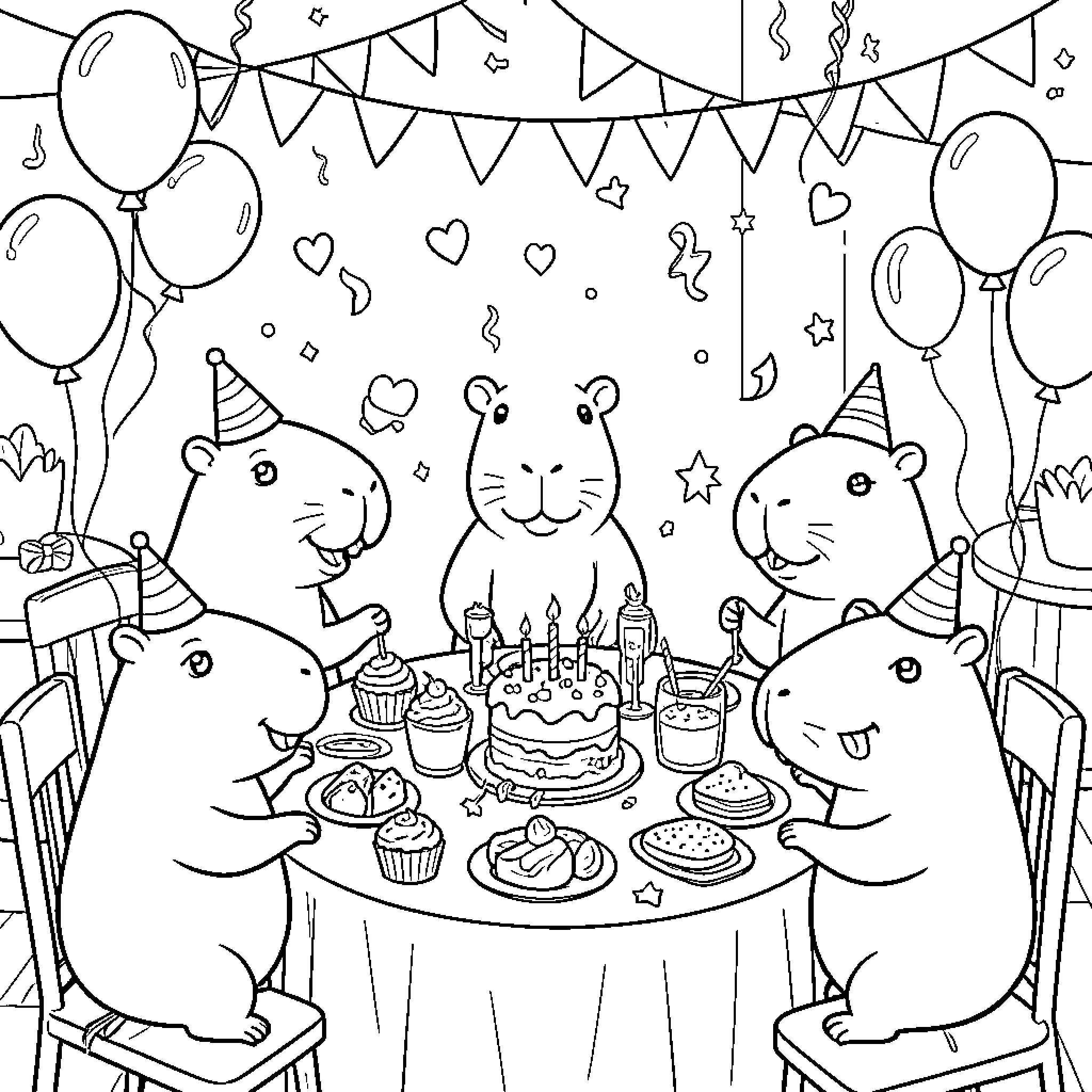 Capybara group celebrating a birthday party at a table Coloring Page (free black-and-white line drawing printable PDF for all, from beginners to advanced learners, including children, teens, adults, and seniors)