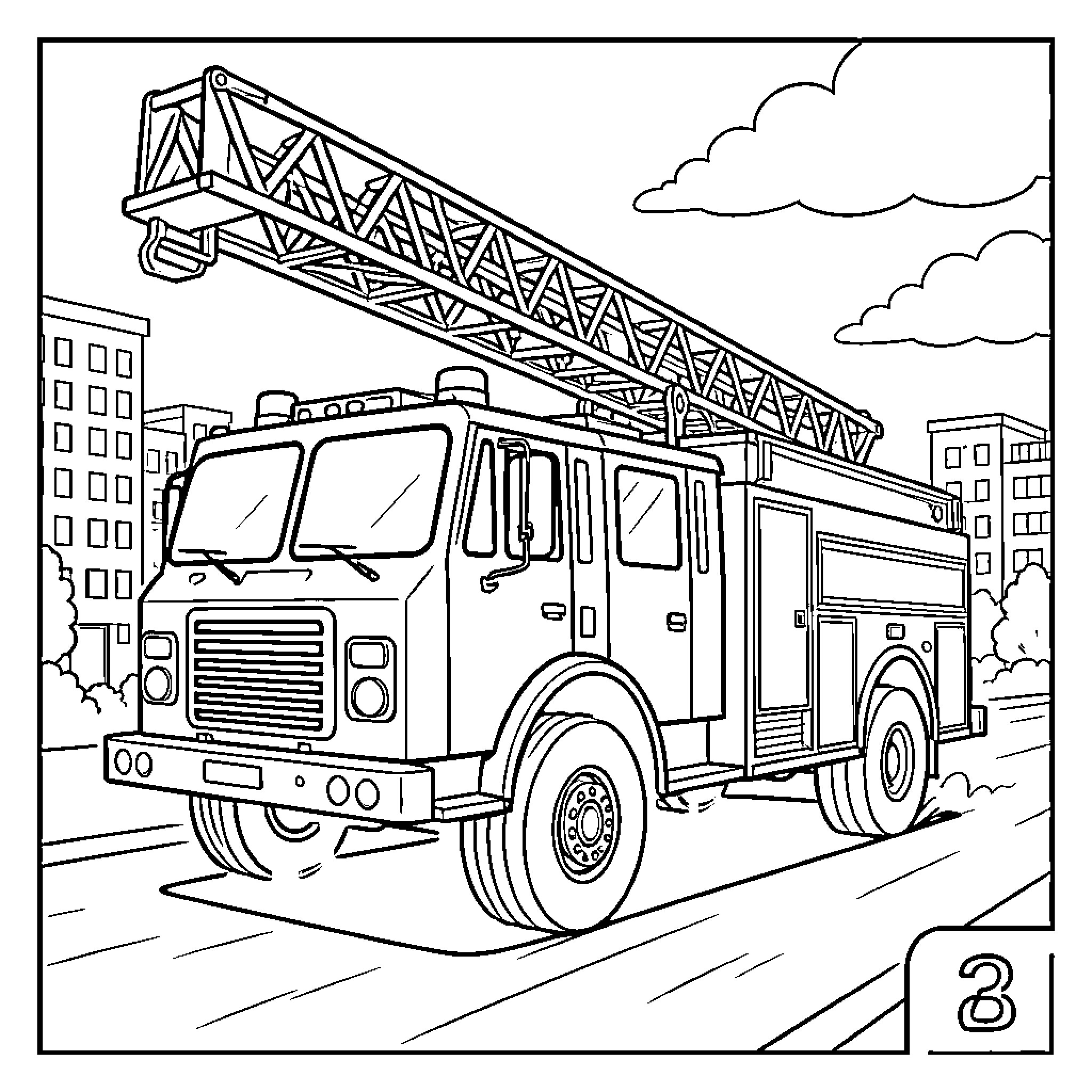 Fire Truck driving through a city street Coloring Page (free black-and-white line drawing printable PDF for all, from beginners to advanced learners, including children, teens, adults, and seniors)