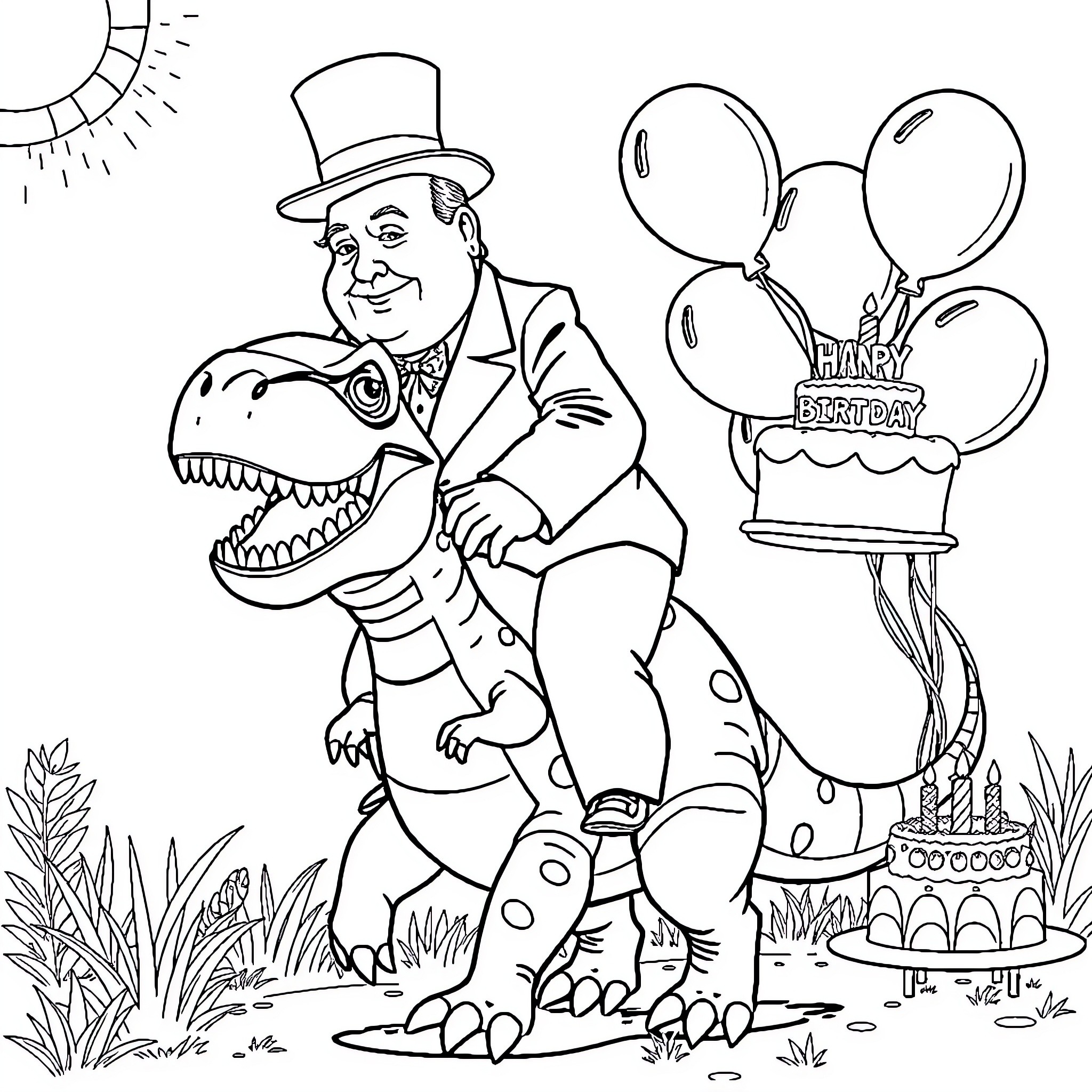 Winston Churchill celebrates birthday with dinosaur companion Coloring Page (free black-and-white line drawing printable PDF for all, from beginners to advanced learners, including children, teens, adults, and seniors)