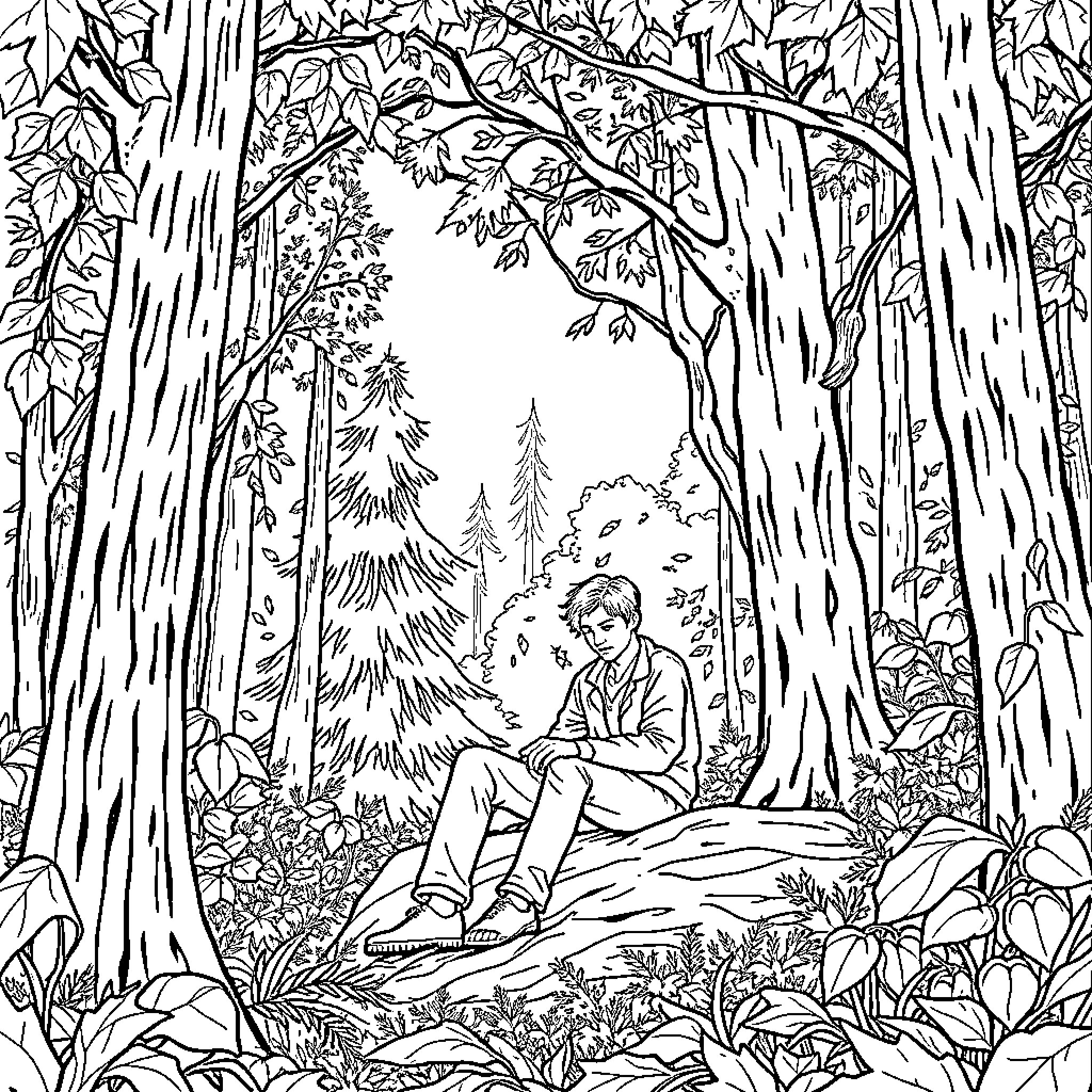 Señor's Peaceful Solitude in the Verdant Forest Coloring Page (free black-and-white line drawing printable PDF for all, from beginners to advanced learners, including children, teens, adults, and seniors)