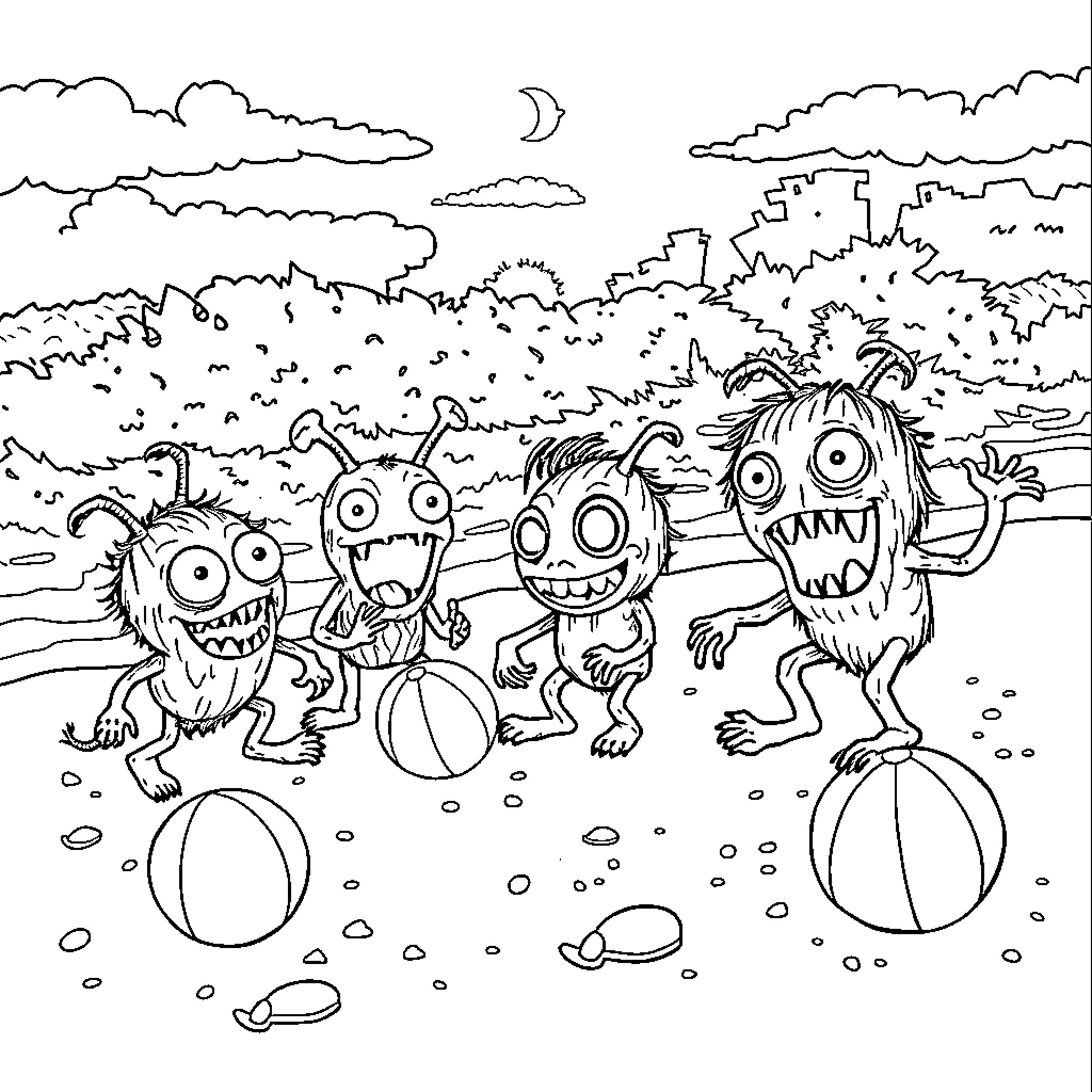 Spookiz playing with balls on the beach Coloring Page (free black-and-white line drawing printable PDF for all, from beginners to advanced learners, including children, teens, adults, and seniors)