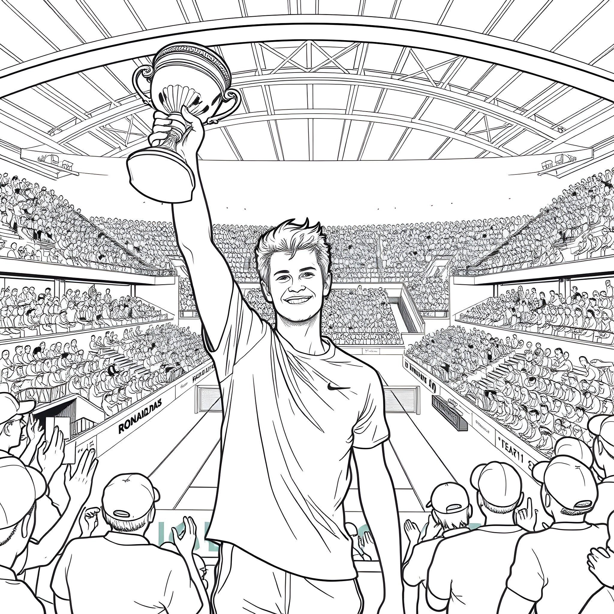 Sascha Zverev Celebrates Victory in a Packed Stadium Coloring Page (free black-and-white line drawing printable PDF for all, from beginners to advanced learners, including children, teens, adults, and seniors)