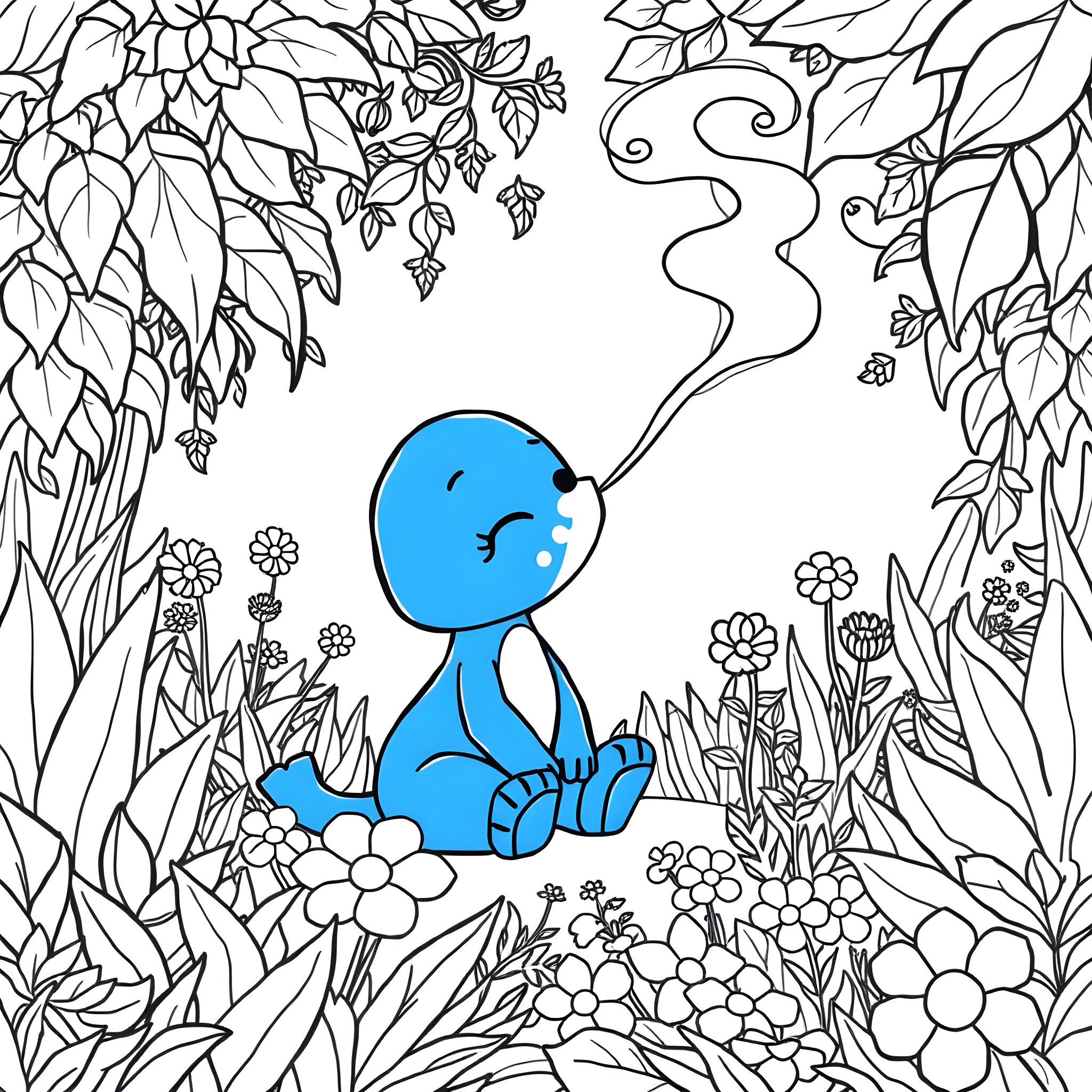 Bluey's Whimsical Adventure in the Floral Garden Coloring Page (free black-and-white line drawing printable PDF for all, from beginners to advanced learners, including children, teens, adults, and seniors)
