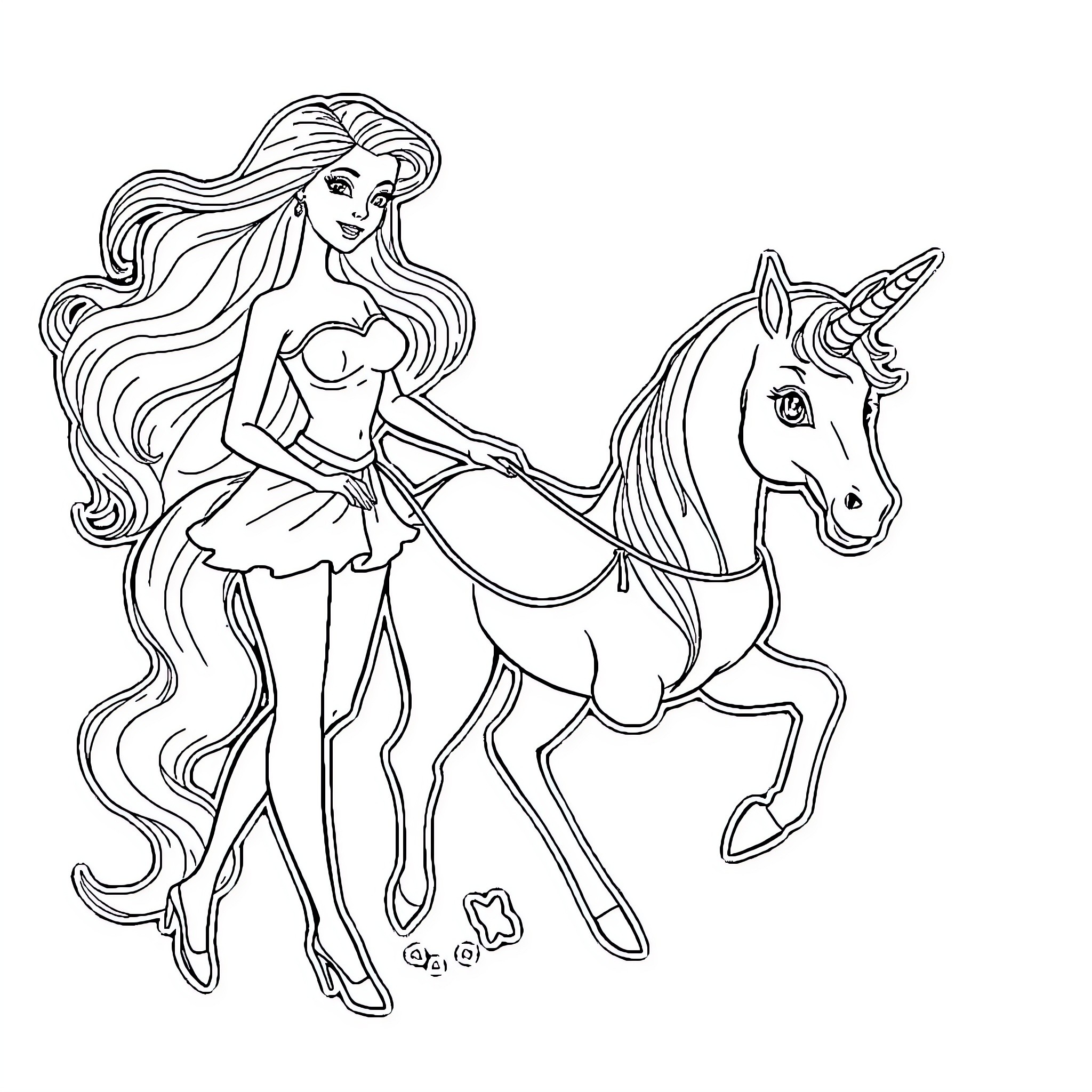 Barbie riding a unicorn in a magical scene Coloring Page (free black-and-white line drawing printable PDF for all, from beginners to advanced learners, including children, teens, adults, and seniors)
