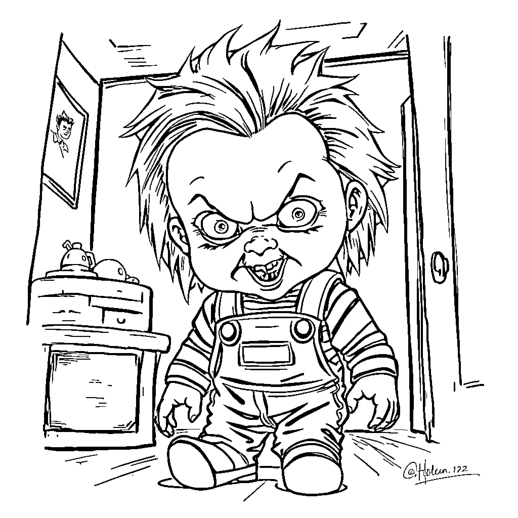 Chucky, the Mischievous Doll, in Action Coloring Page (free black-and-white line drawing printable PDF for all, from beginners to advanced learners, including children, teens, adults, and seniors)