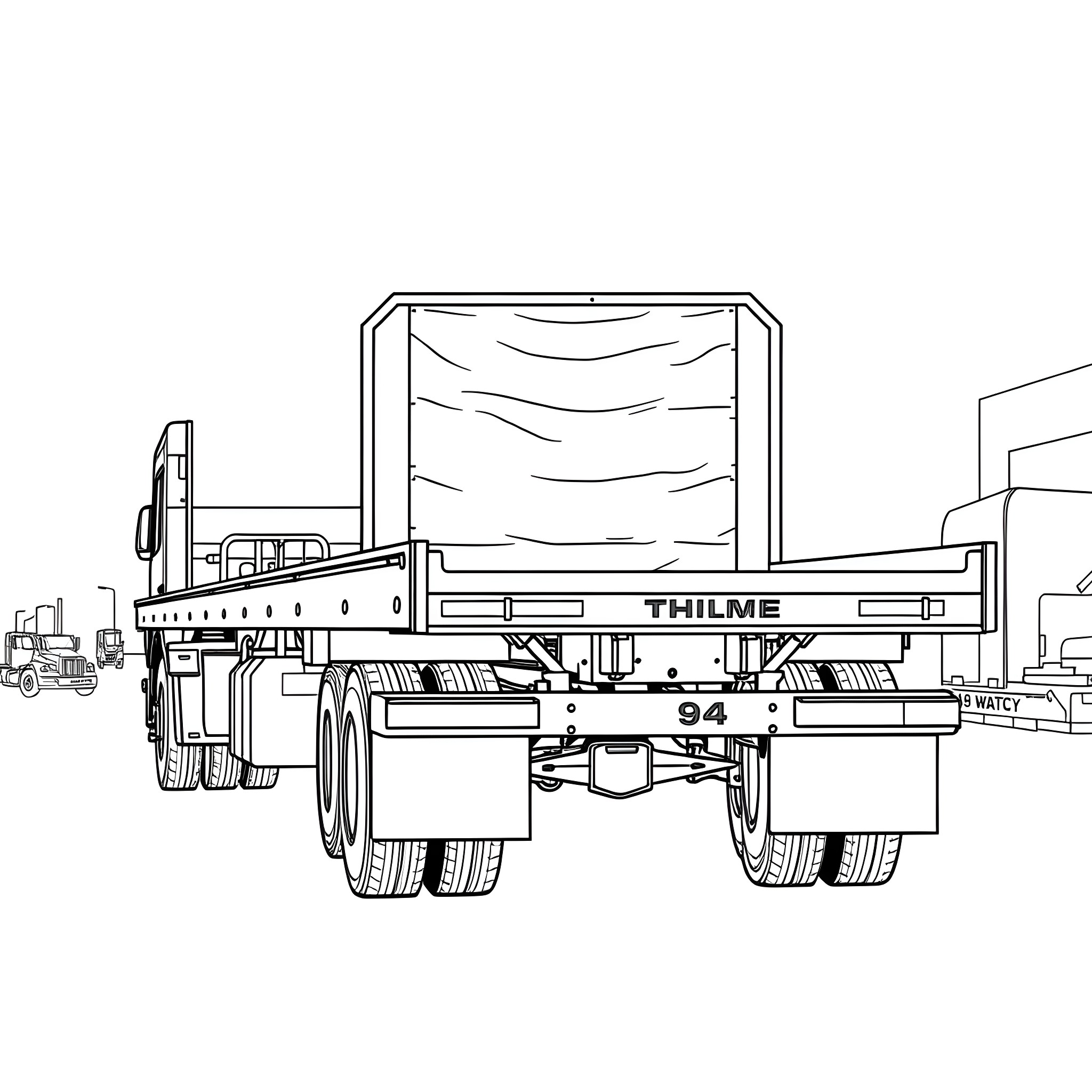 Flatbed truck transporting cargo Coloring Page (free black-and-white line drawing printable PDF for all, from beginners to advanced learners, including children, teens, adults, and seniors)