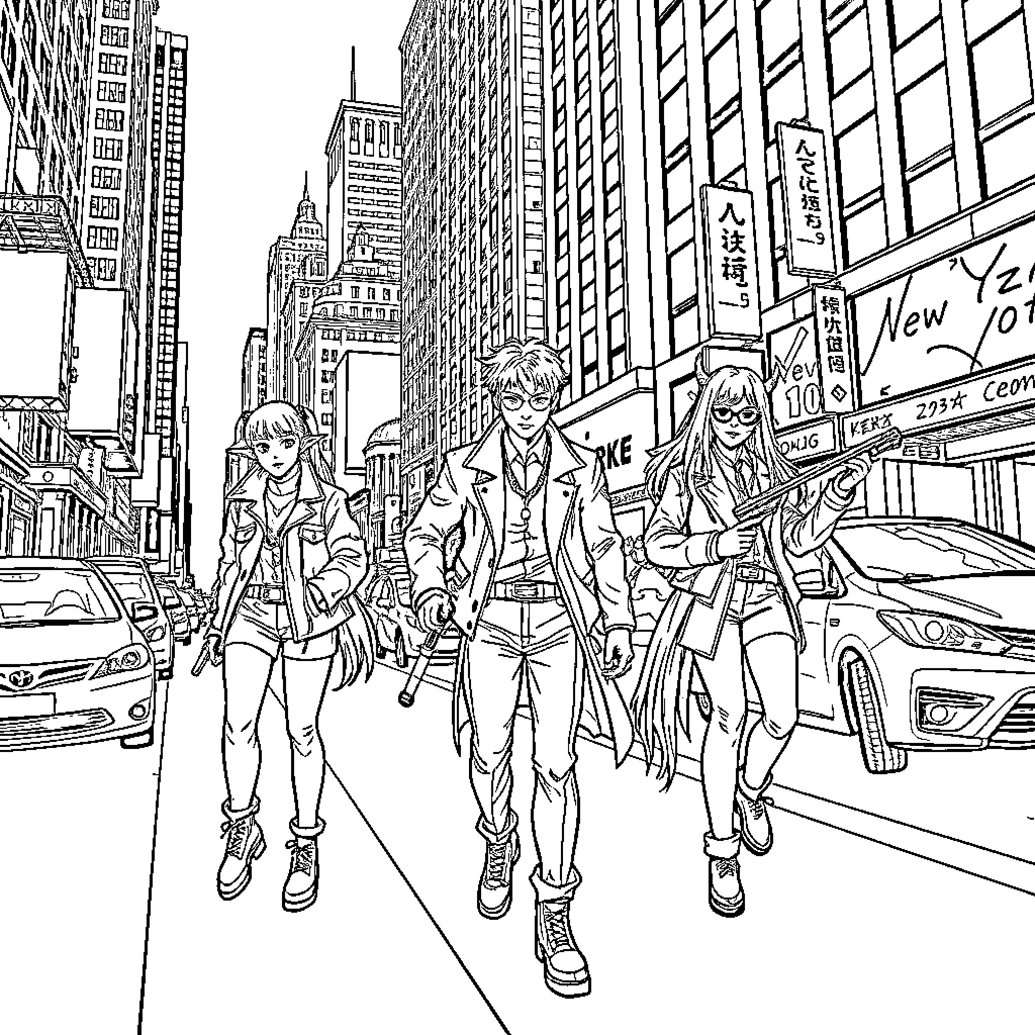 Demon Hunters explore the bustling streets of New York City Coloring Page (free black-and-white line drawing printable PDF for all, from beginners to advanced learners, including children, teens, adults, and seniors)
