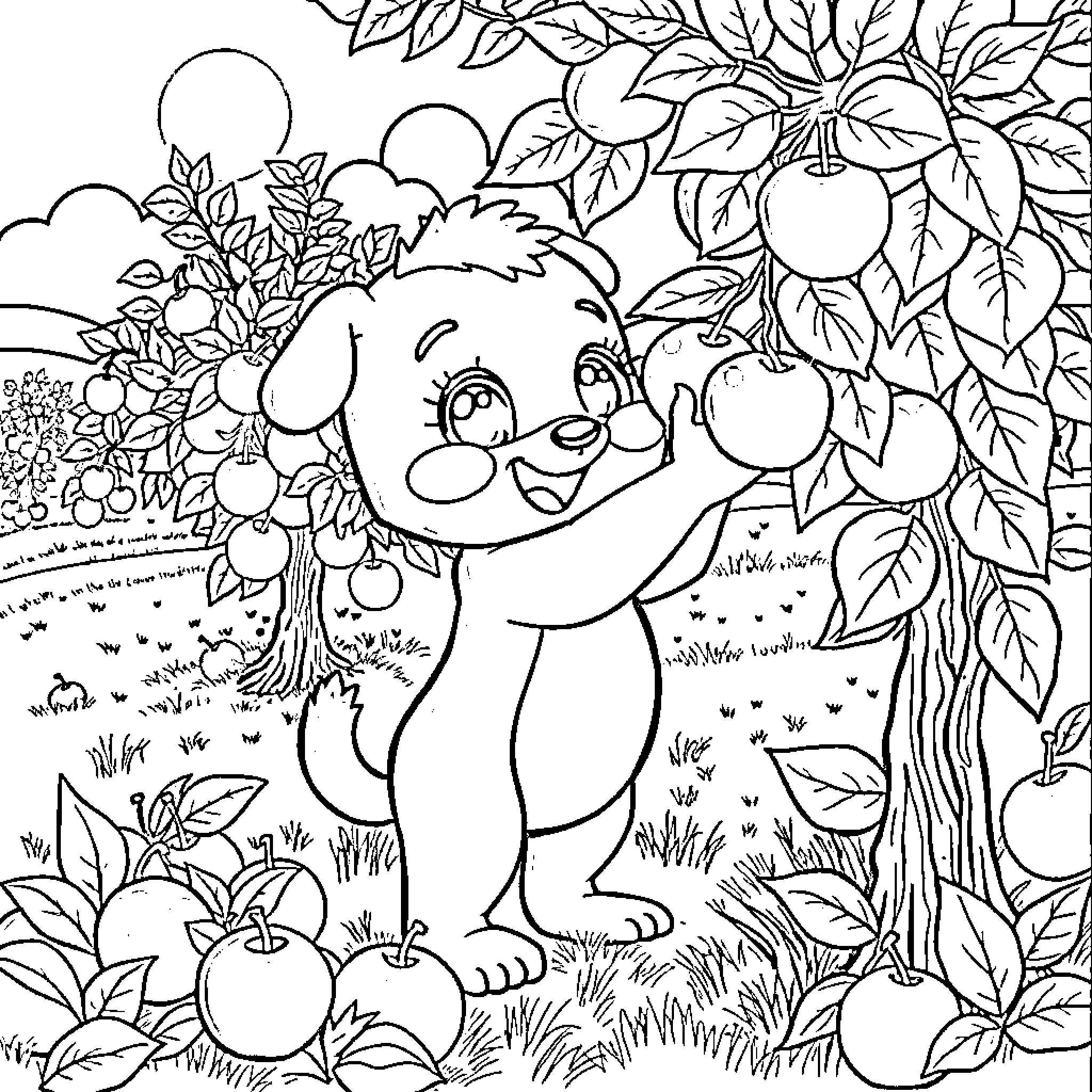 Bluey's Delightful Apple Orchard Adventure Coloring Page (free black-and-white line drawing printable PDF for all, from beginners to advanced learners, including children, teens, adults, and seniors)