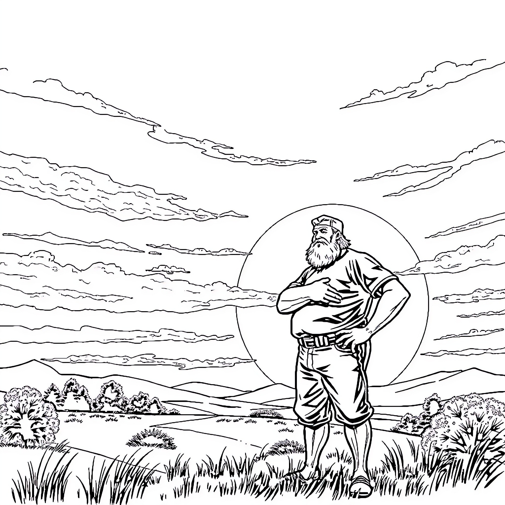 Bud standing in a serene landscape Coloring Page (free black-and-white line drawing printable PDF for all, from beginners to advanced learners, including children, teens, adults, and seniors)