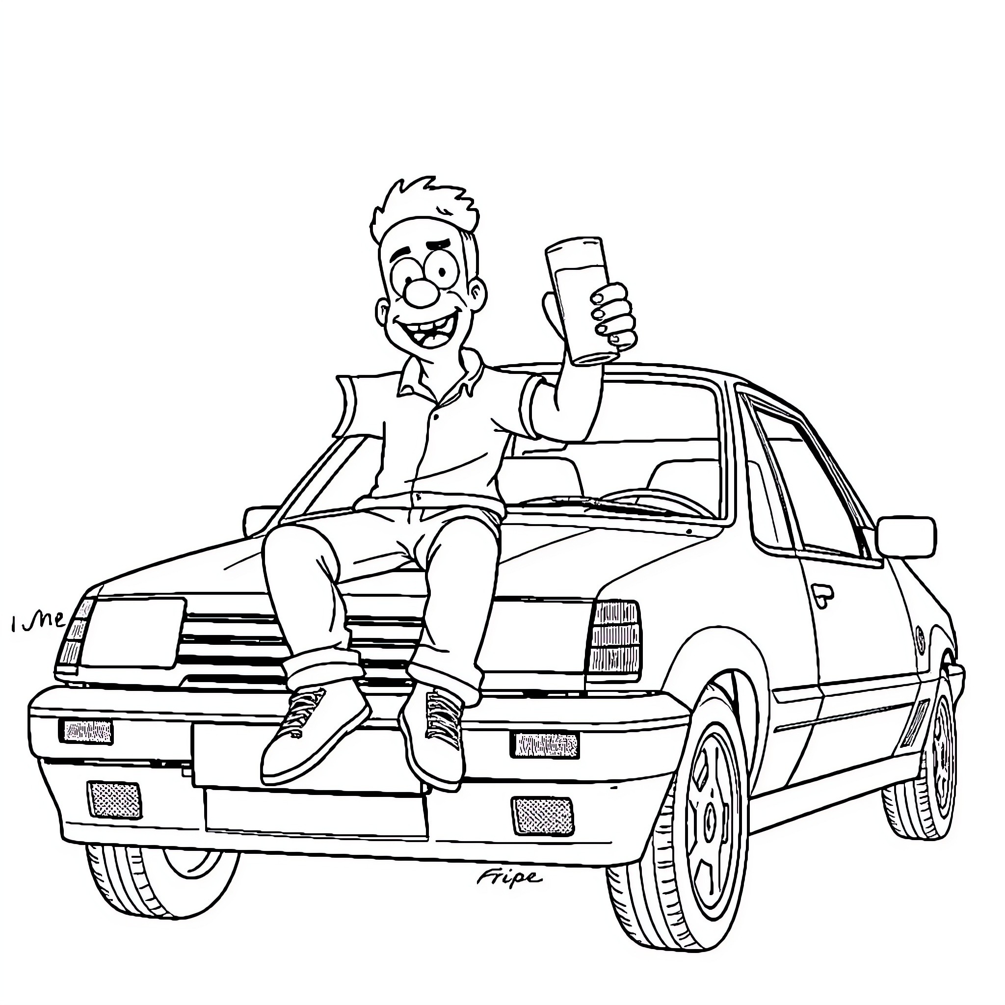 Homer Simpson sitting on car and holding cell phone Coloring Page (free black-and-white line drawing printable PDF for all, from beginners to advanced learners, including children, teens, adults, and seniors)