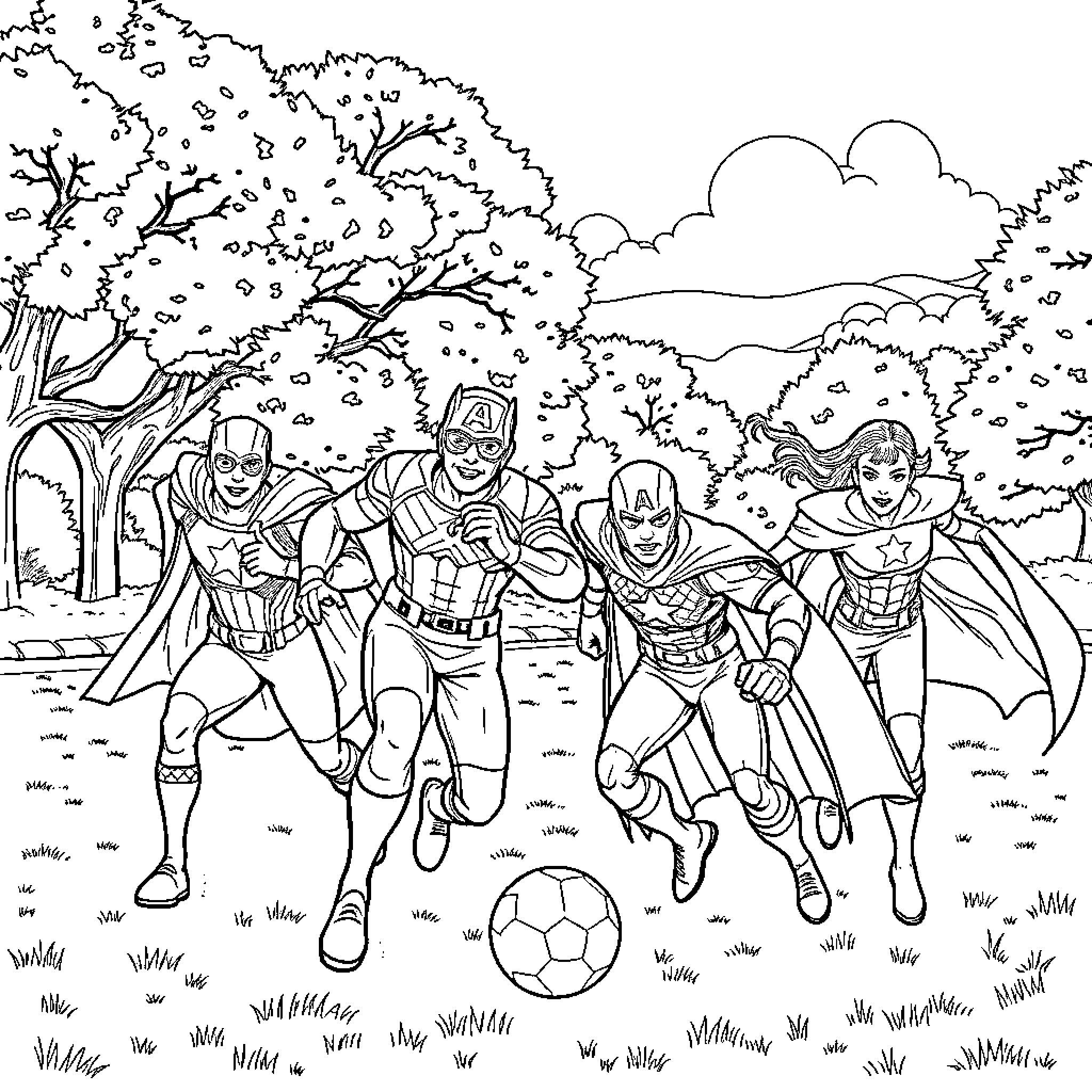 Avenger team in action on the field Coloring Page (free black-and-white line drawing printable PDF for all, from beginners to advanced learners, including children, teens, adults, and seniors)
