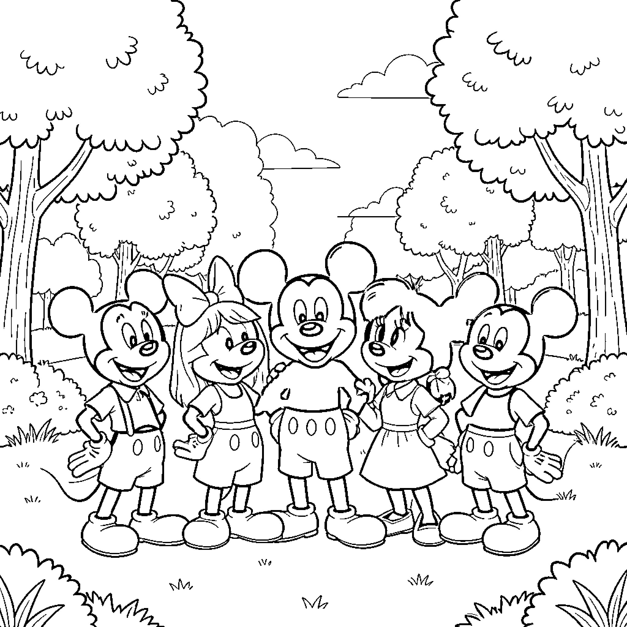Mickey and friends explore the enchanted forest Coloring Page (free black-and-white line drawing printable PDF for all, from beginners to advanced learners, including children, teens, adults, and seniors)