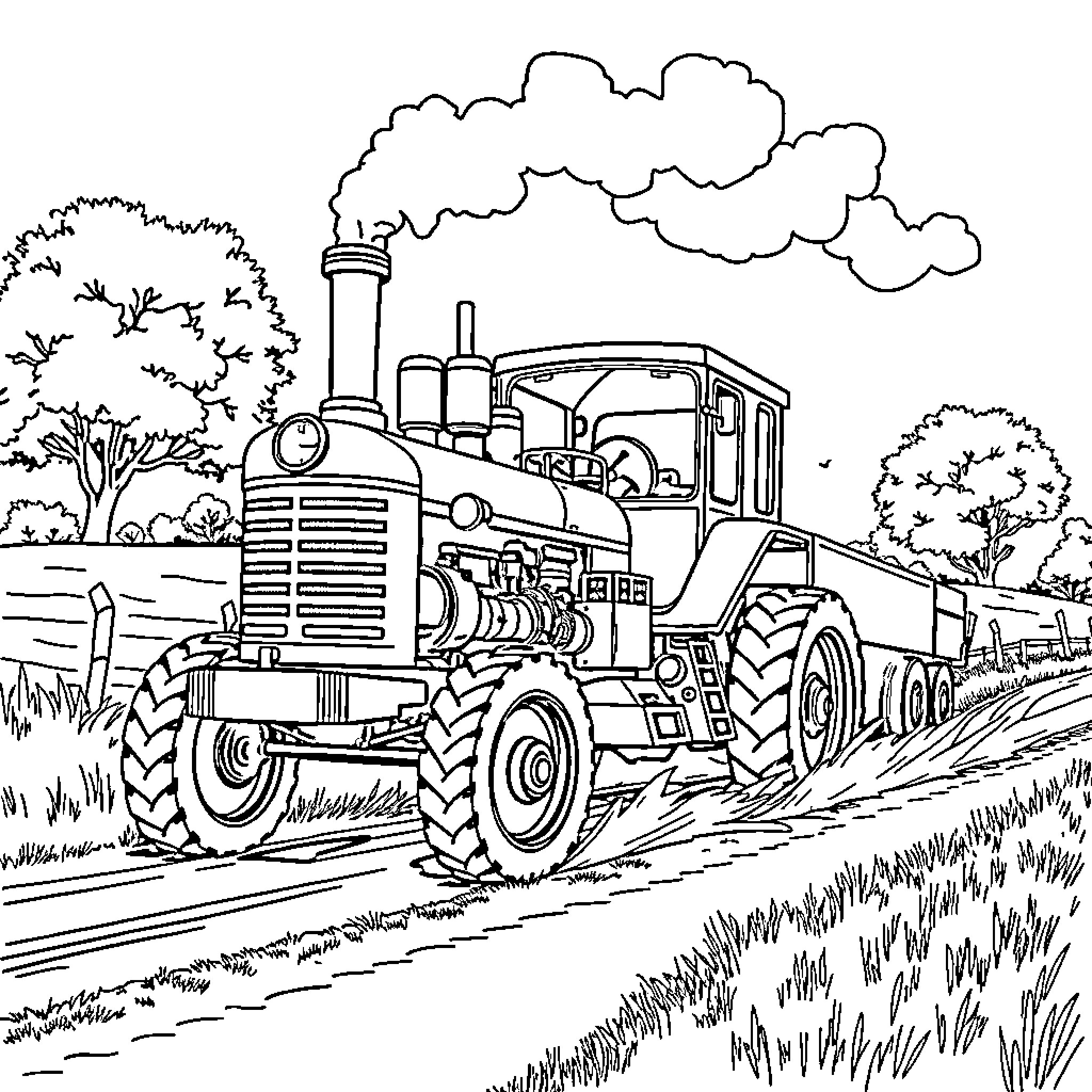 Steam Tractor working on a farm Coloring Page (free black-and-white line drawing printable PDF for all, from beginners to advanced learners, including children, teens, adults, and seniors)