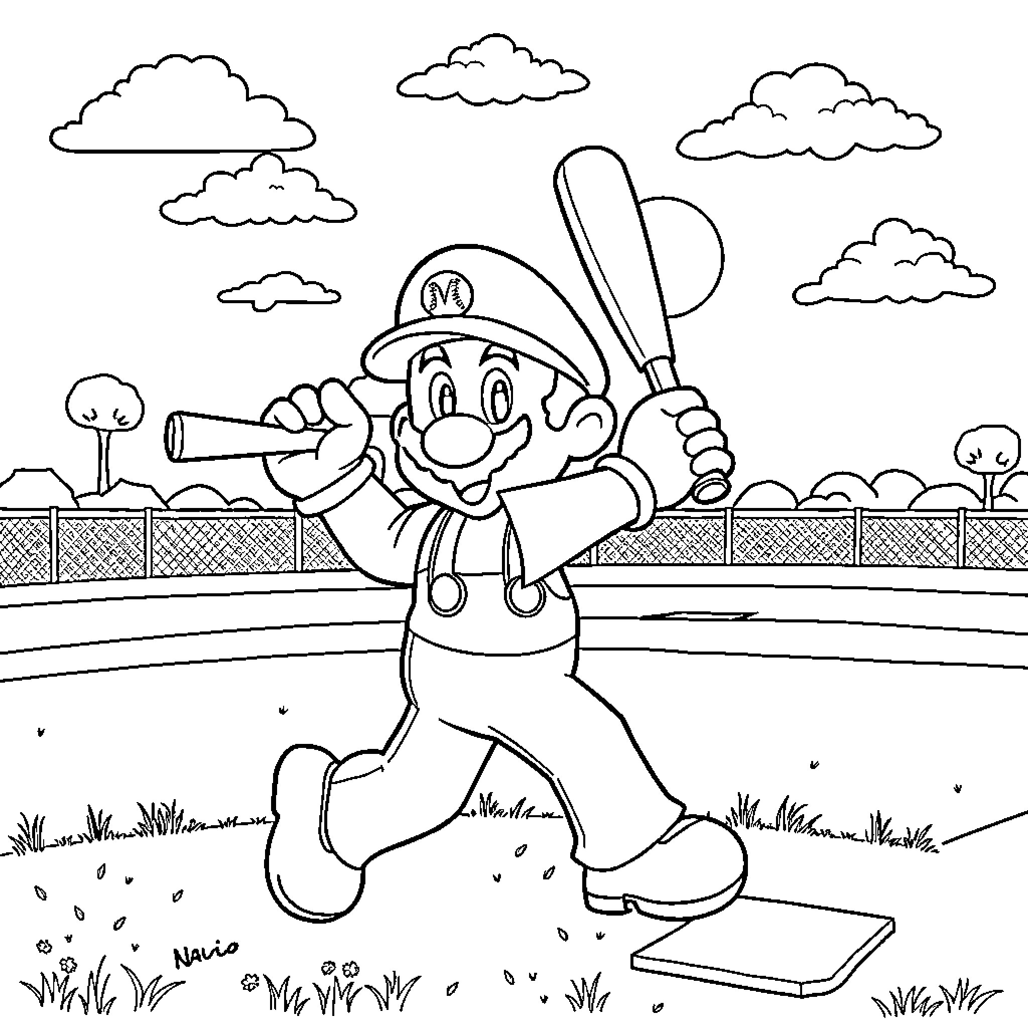 Mario Playing Baseball on the Field Coloring Page (free black-and-white line drawing printable PDF for all, from beginners to advanced learners, including children, teens, adults, and seniors)