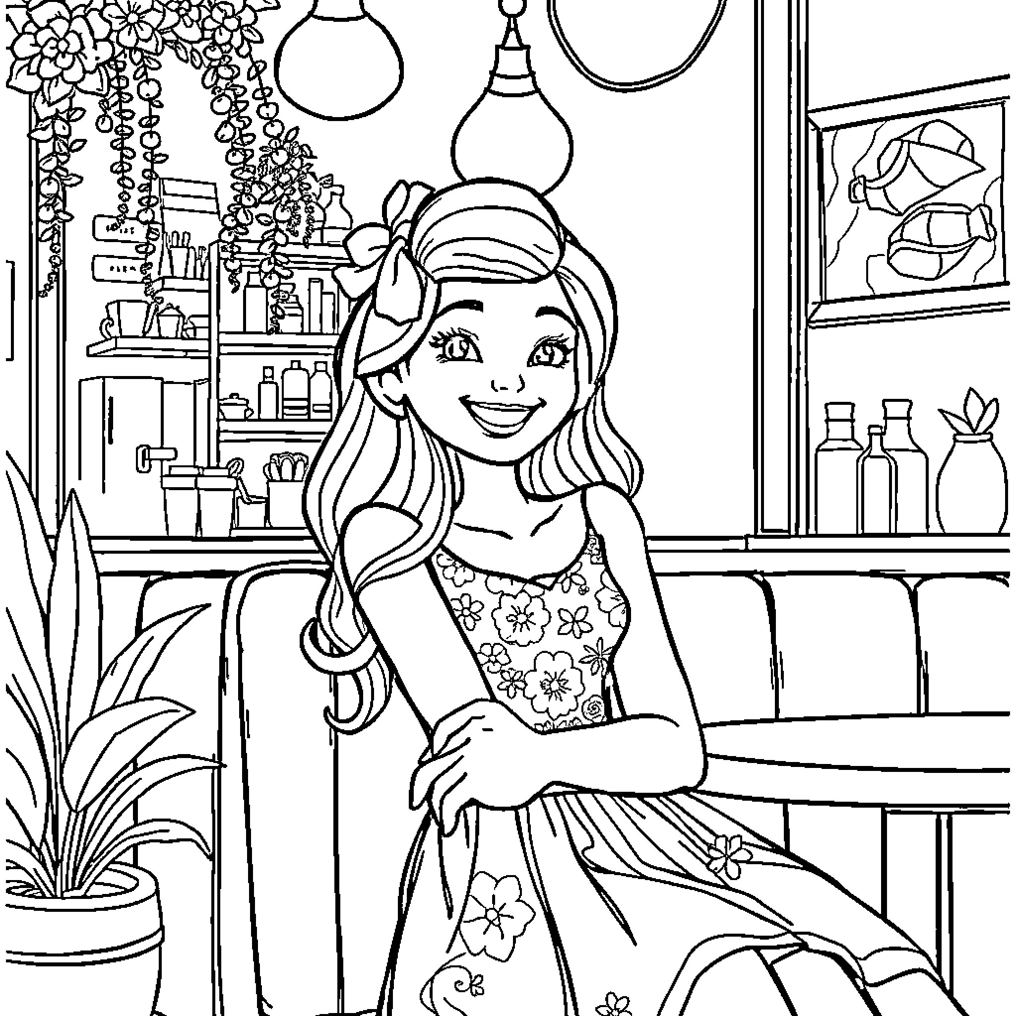 Emilee's Cozy Floral Retreat Coloring Page (free black-and-white line drawing printable PDF for all, from beginners to advanced learners, including children, teens, adults, and seniors)