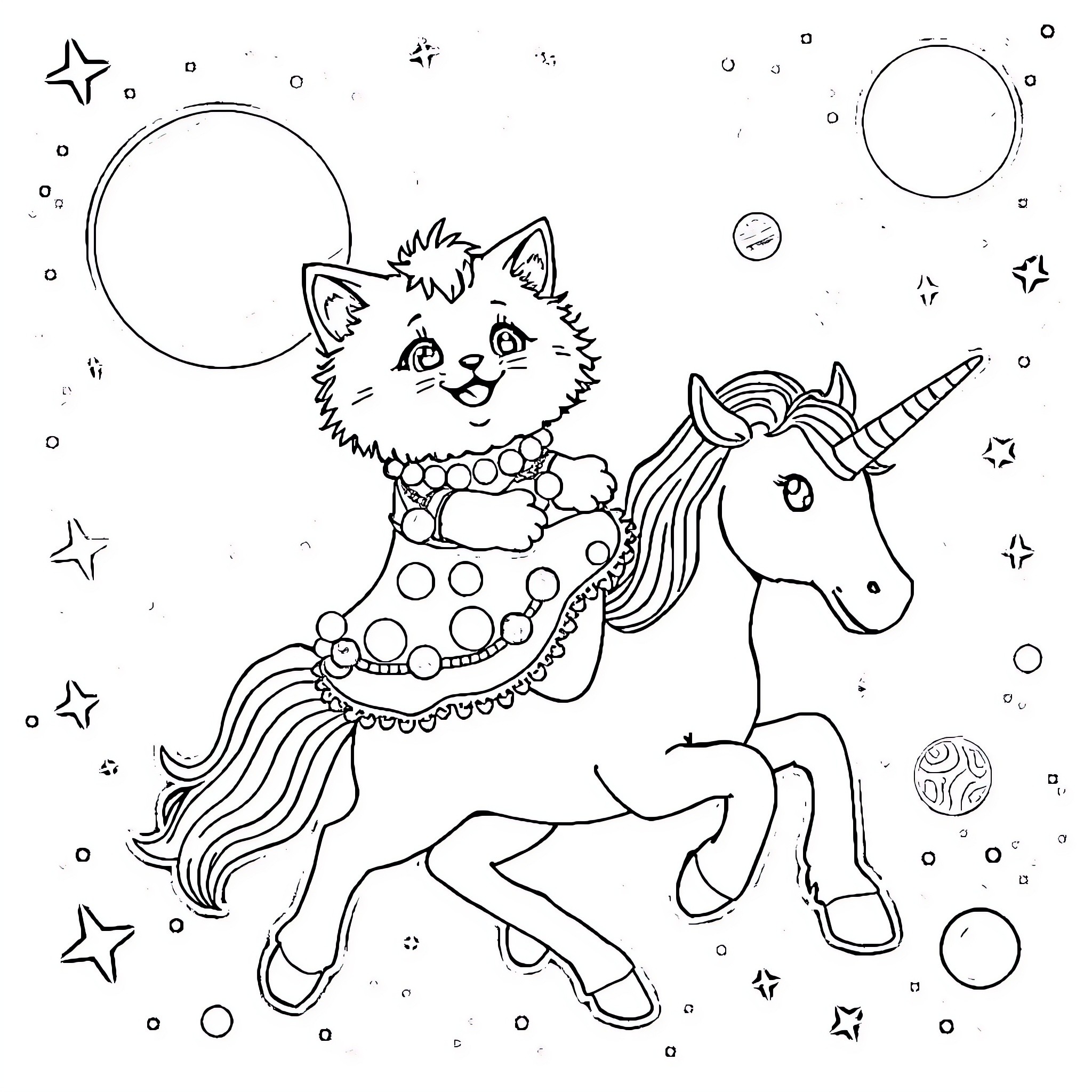 Cat and Unicorn Adventure in the Cosmos Coloring Page (free black-and-white line drawing printable PDF for all, from beginners to advanced learners, including children, teens, adults, and seniors)