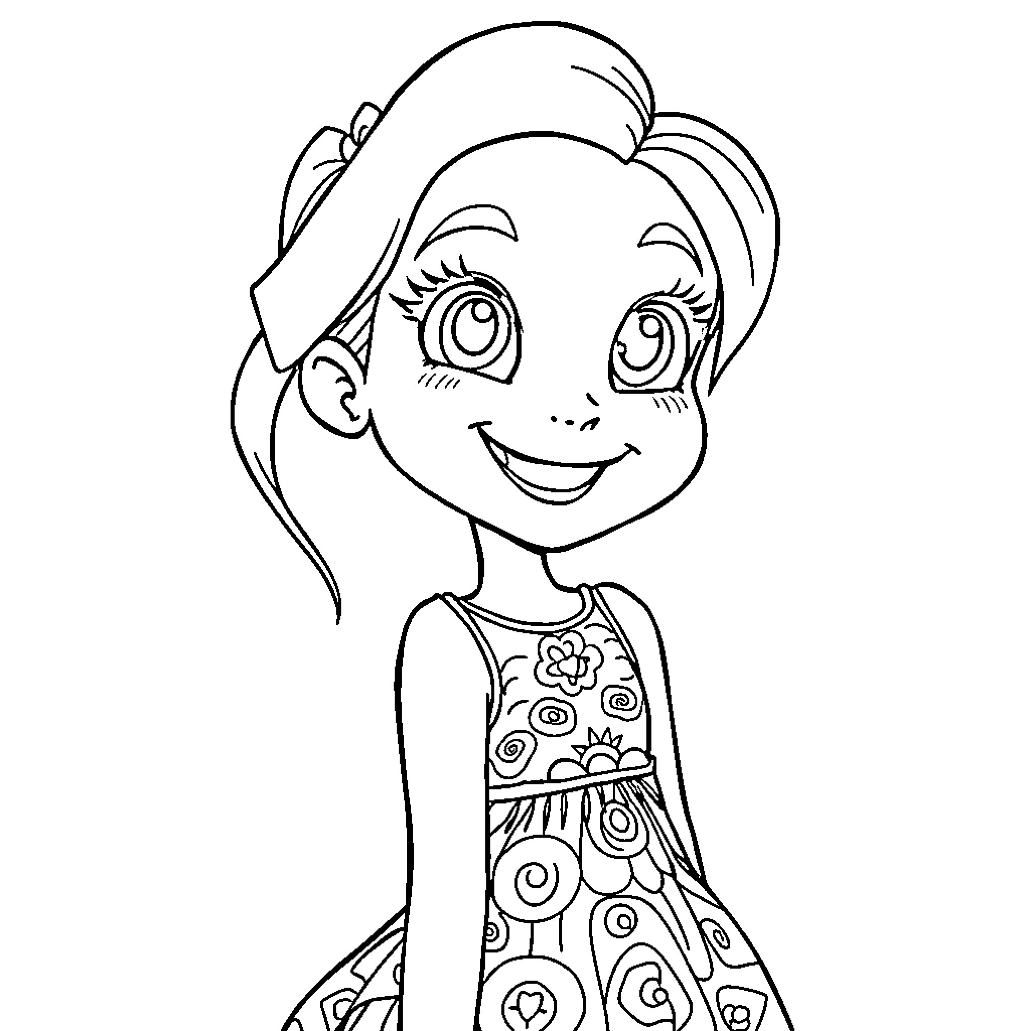 Zoey's Cheerful Floral Outfit Coloring Page (free black-and-white line drawing printable PDF for all, from beginners to advanced learners, including children, teens, adults, and seniors)