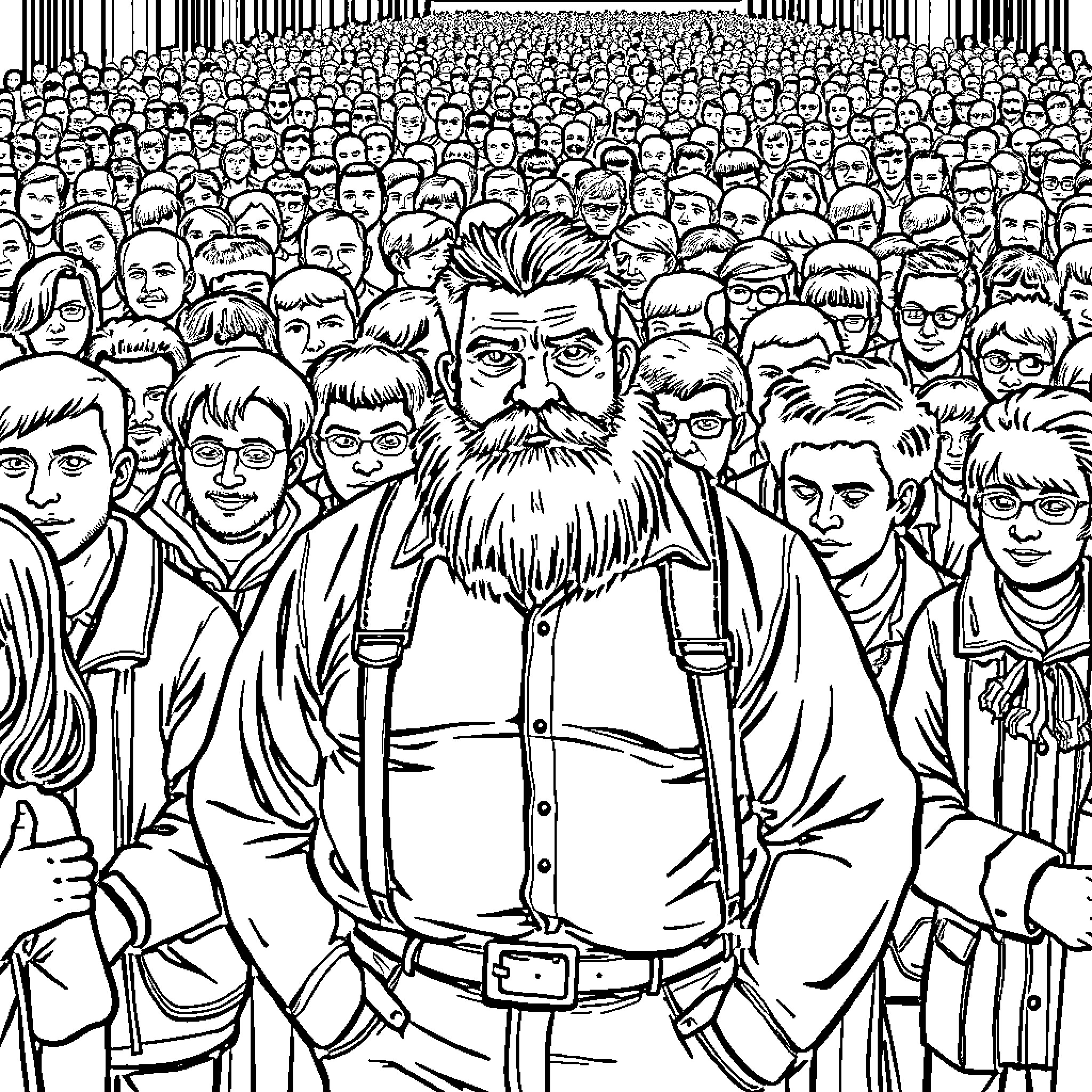 Man stands out in a crowd of people Coloring Page (free black-and-white line drawing printable PDF for all, from beginners to advanced learners, including children, teens, adults, and seniors)