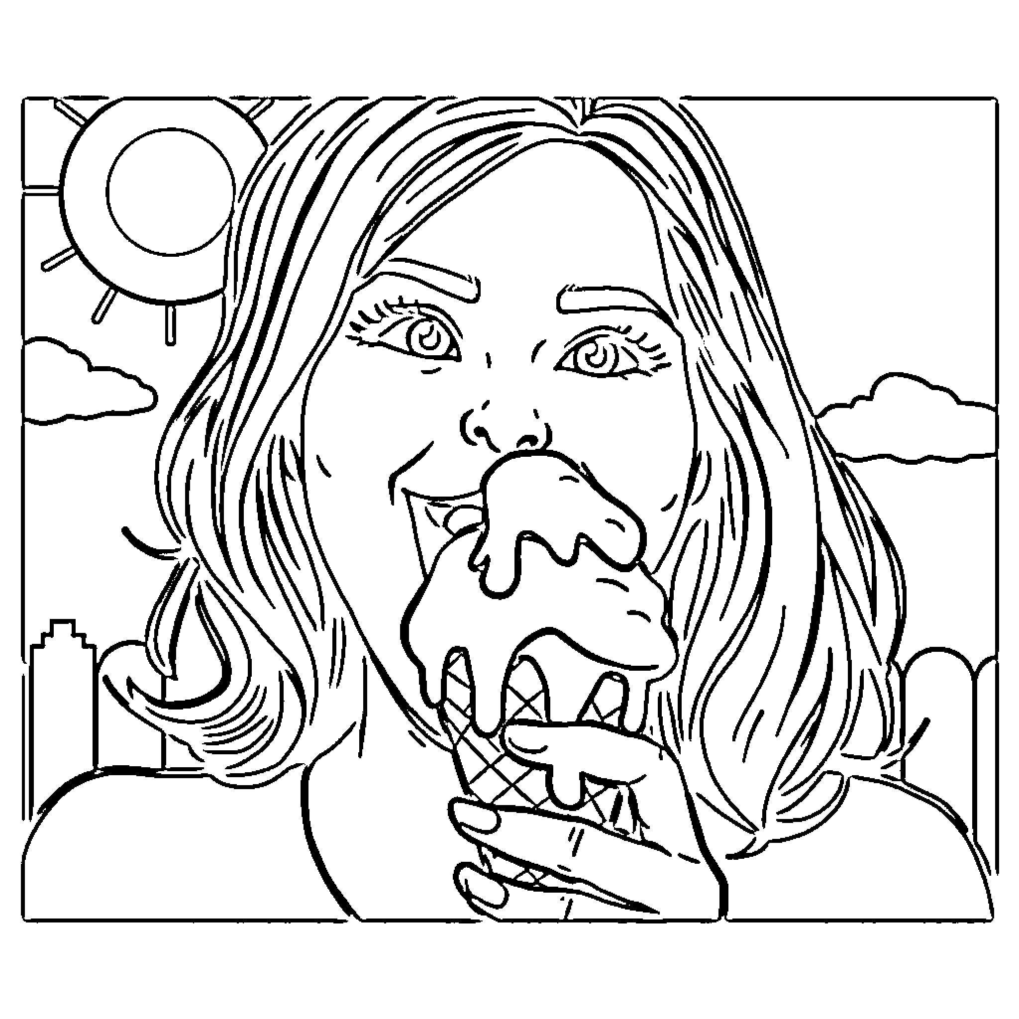 Ice Cream on a Sunny Day Coloring Page (free black-and-white line drawing printable PDF for all, from beginners to advanced learners, including children, teens, adults, and seniors)