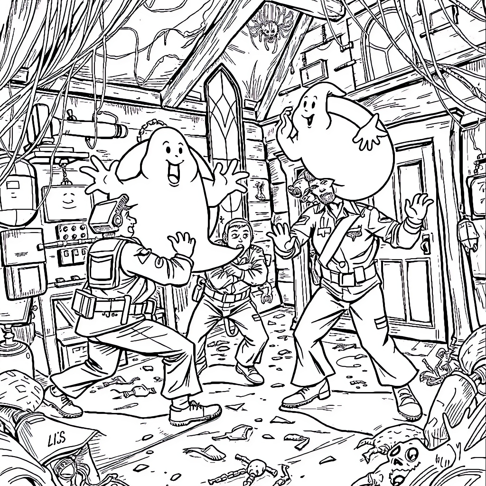 Ghostbusters characters in action-packed scene Coloring Page (free black-and-white line drawing printable PDF for all, from beginners to advanced learners, including children, teens, adults, and seniors)