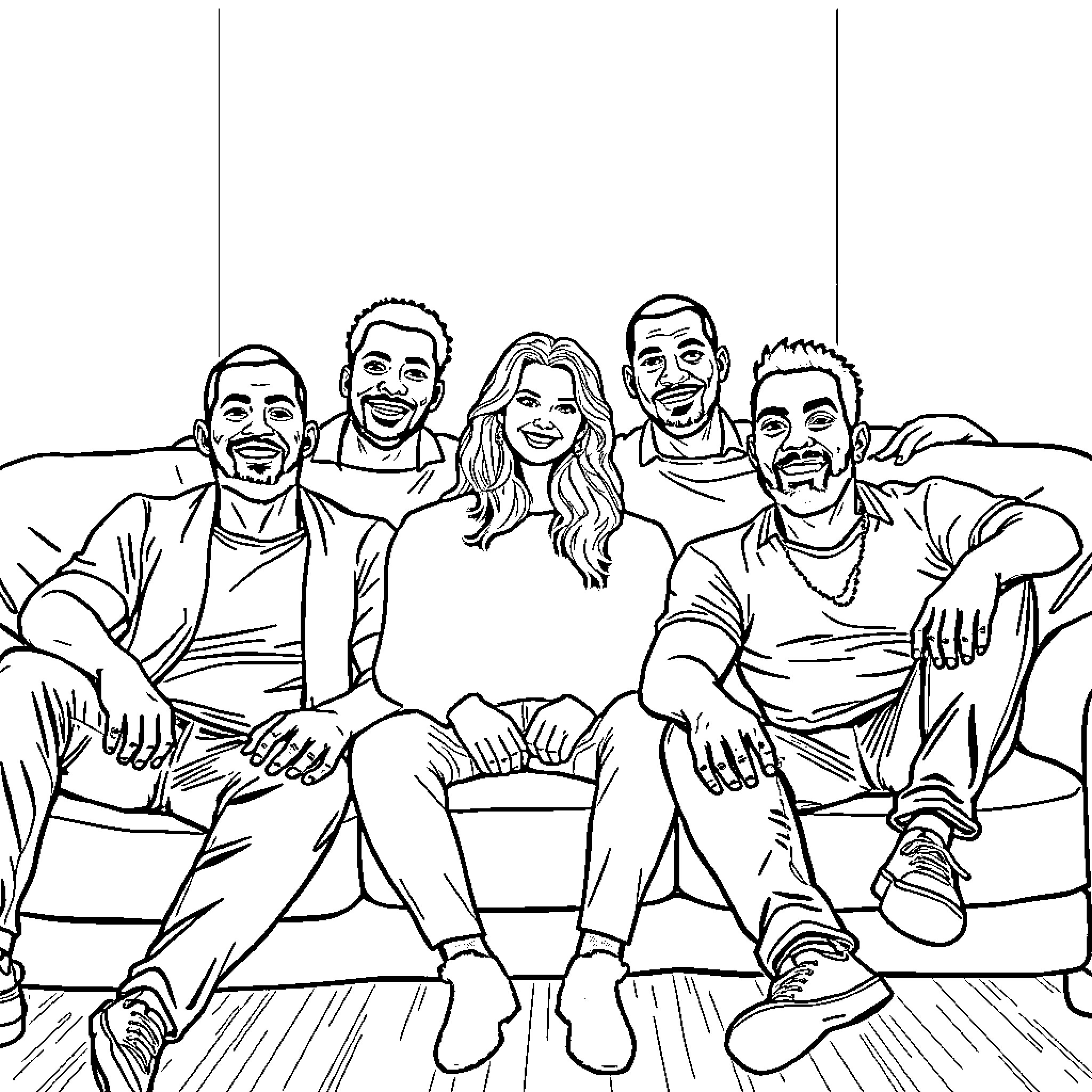Man Smiling with Friends in Living Room Coloring Page (free black-and-white line drawing printable PDF for all, from beginners to advanced learners, including children, teens, adults, and seniors)