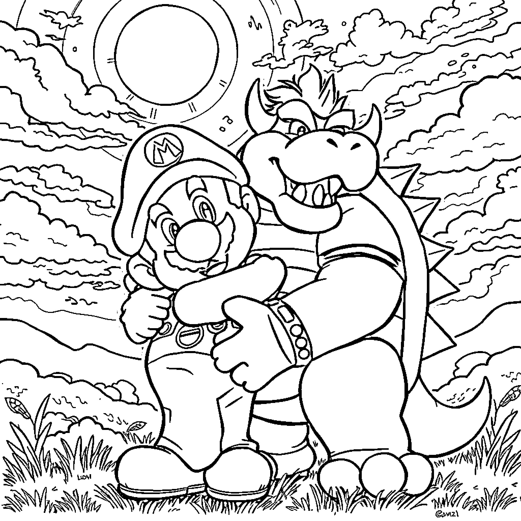 Mario's Unexpected Encounter with a Monstrous Creature Coloring Page (free black-and-white line drawing printable PDF for all, from beginners to advanced learners, including children, teens, adults, and seniors)