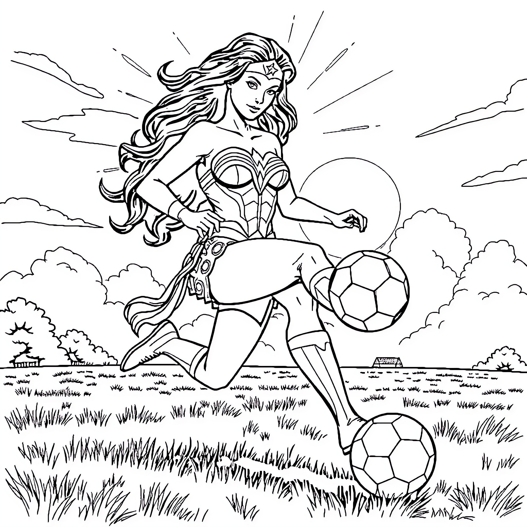 Wonder Woman playing with soccer balls in the field Coloring Page (free black-and-white line drawing printable PDF for all, from beginners to advanced learners, including children, teens, adults, and seniors)