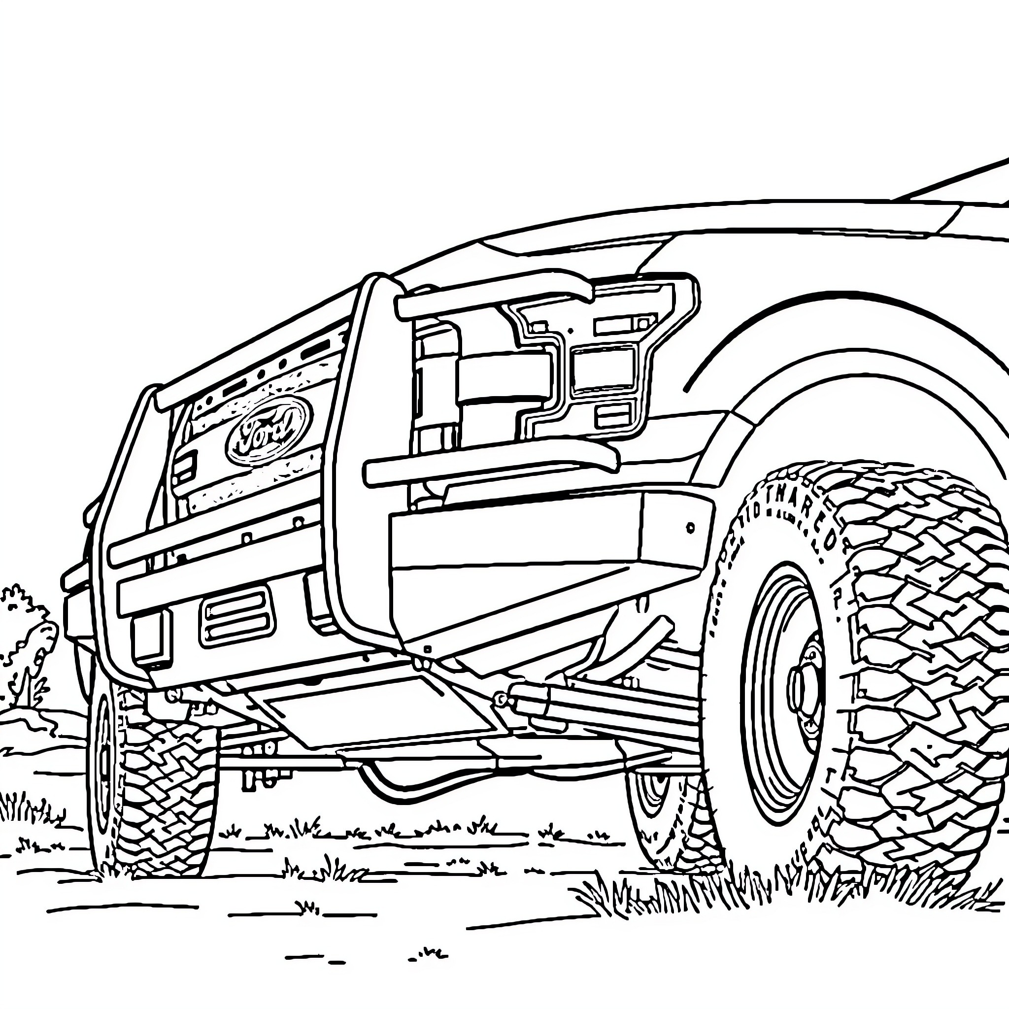 Ford F-150 Rugged Outdoor Adventure Coloring Page (free black-and-white line drawing printable PDF for all, from beginners to advanced learners, including children, teens, adults, and seniors)