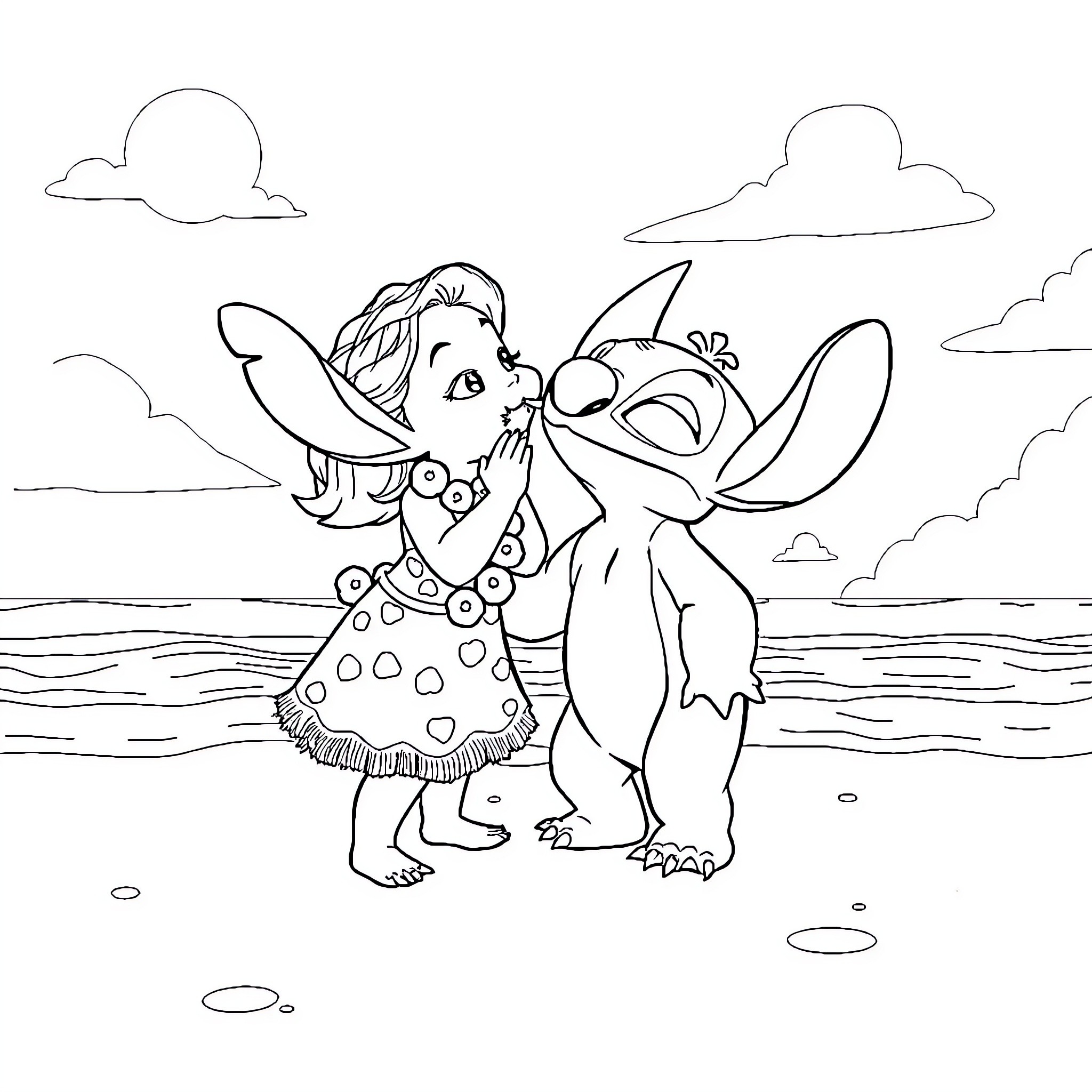 Lilo and Stitch Embracing on the Beach Coloring Page (free black-and-white line drawing printable PDF for all, from beginners to advanced learners, including children, teens, adults, and seniors)