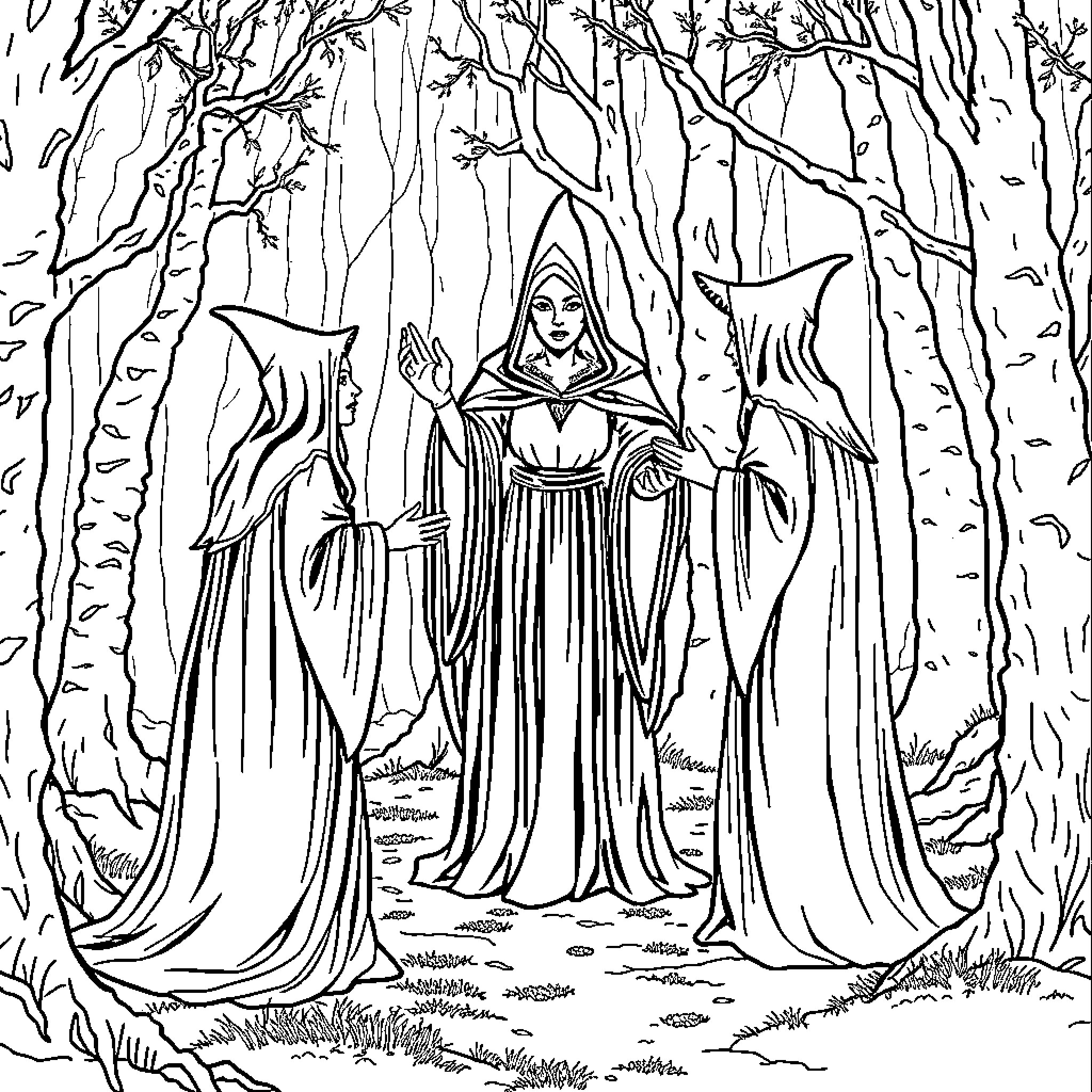 Witch in Mystical Forest Coloring Page (free black-and-white line drawing printable PDF for all, from beginners to advanced learners, including children, teens, adults, and seniors)