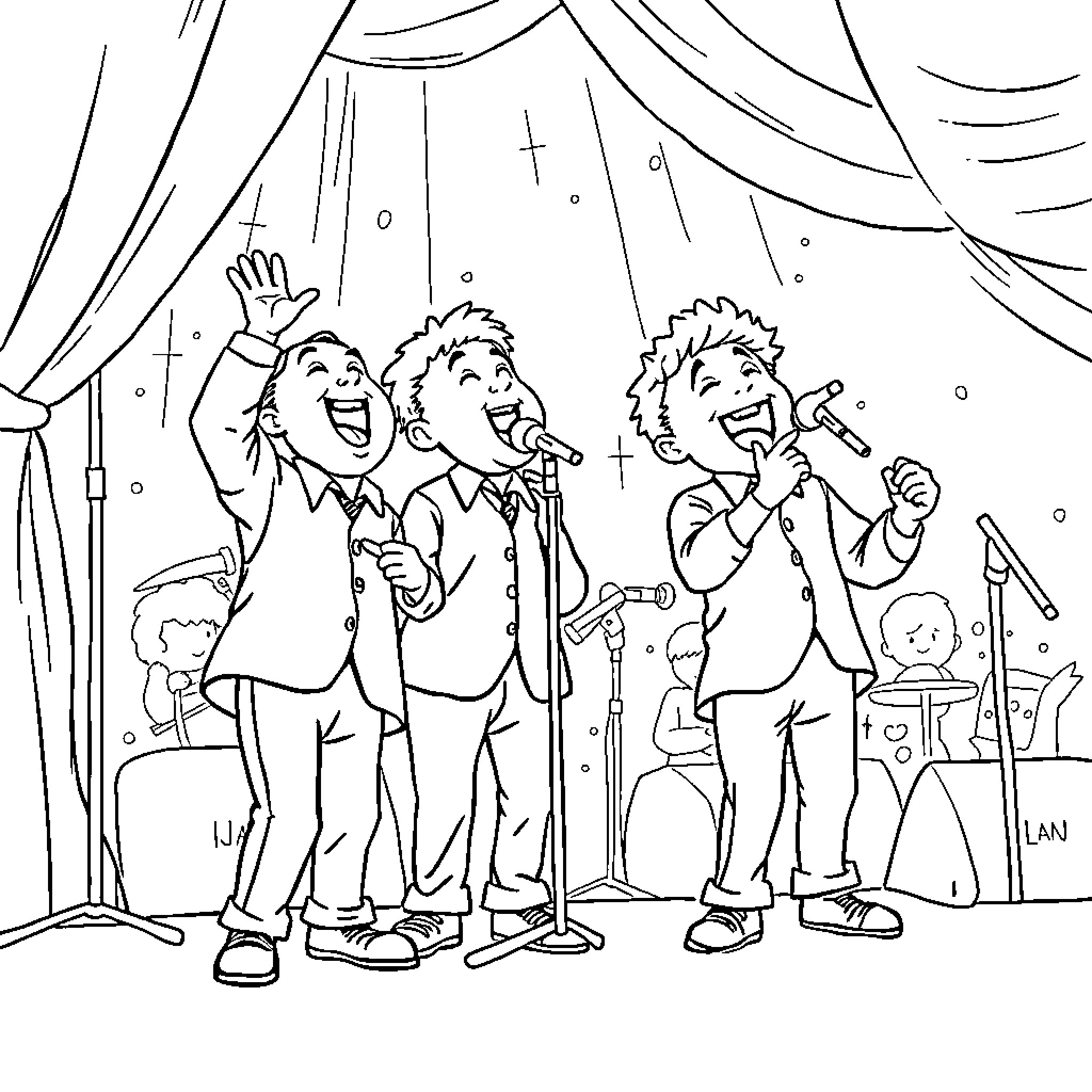 Ginu's Musical Band Performance on Stage Coloring Page (free black-and-white line drawing printable PDF for all, from beginners to advanced learners, including children, teens, adults, and seniors)