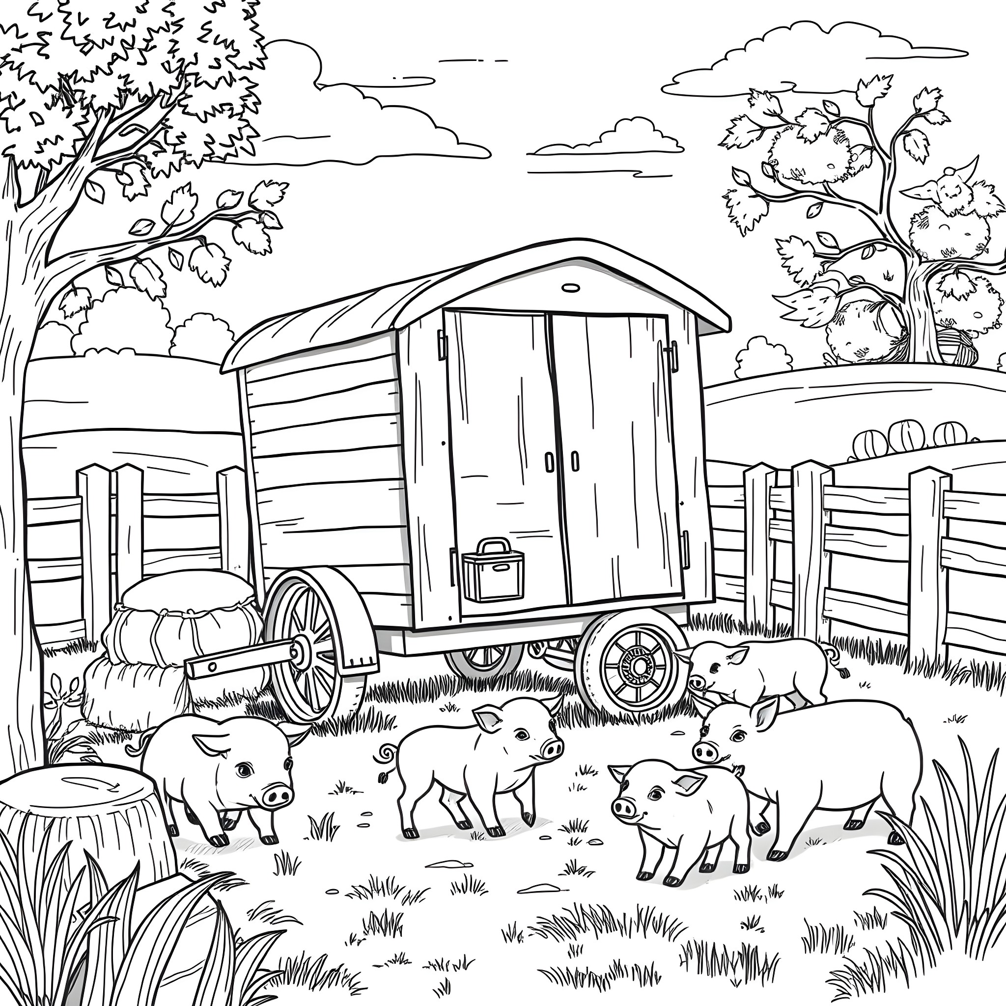 Pig family exploring a rural farm scene Coloring Page (free black-and-white line drawing printable PDF for all, from beginners to advanced learners, including children, teens, adults, and seniors)