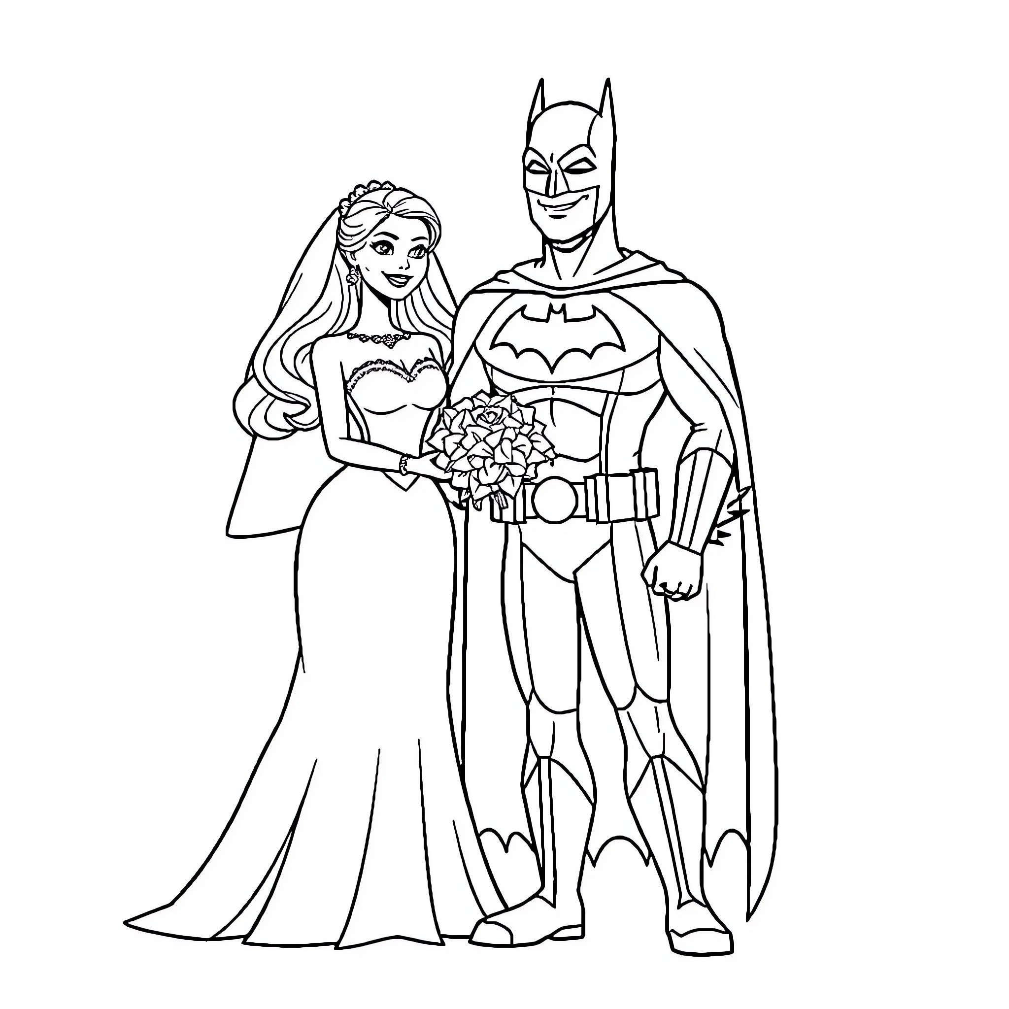 Barbie and Batman in Wedding Attire Coloring Page (free black-and-white line drawing printable PDF for all, from beginners to advanced learners, including children, teens, adults, and seniors)