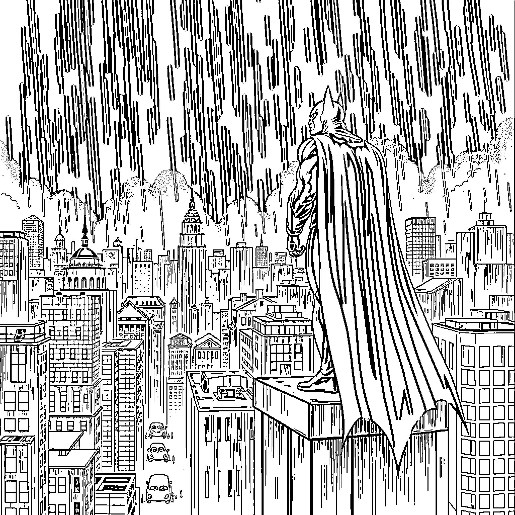 Batman overlooking the dark and gloomy city at night Coloring Page (free black-and-white line drawing printable PDF for all, from beginners to advanced learners, including children, teens, adults, and seniors)