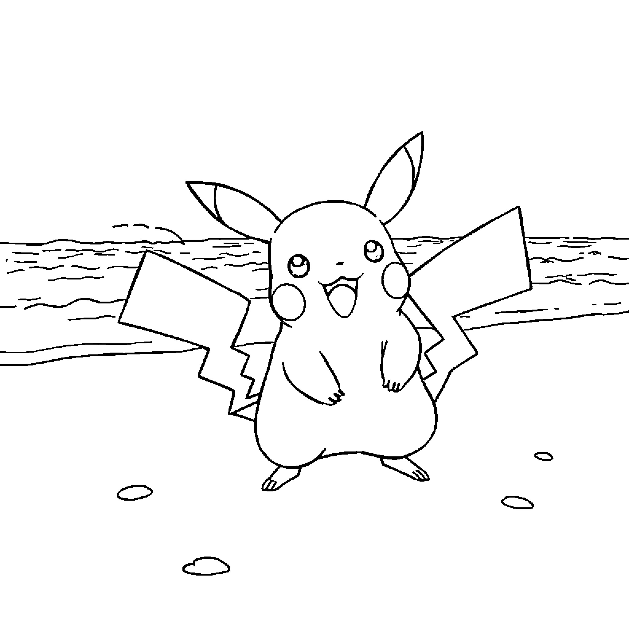 Pikachu playing on the beach Coloring Page (free black-and-white line drawing printable PDF for all, from beginners to advanced learners, including children, teens, adults, and seniors)