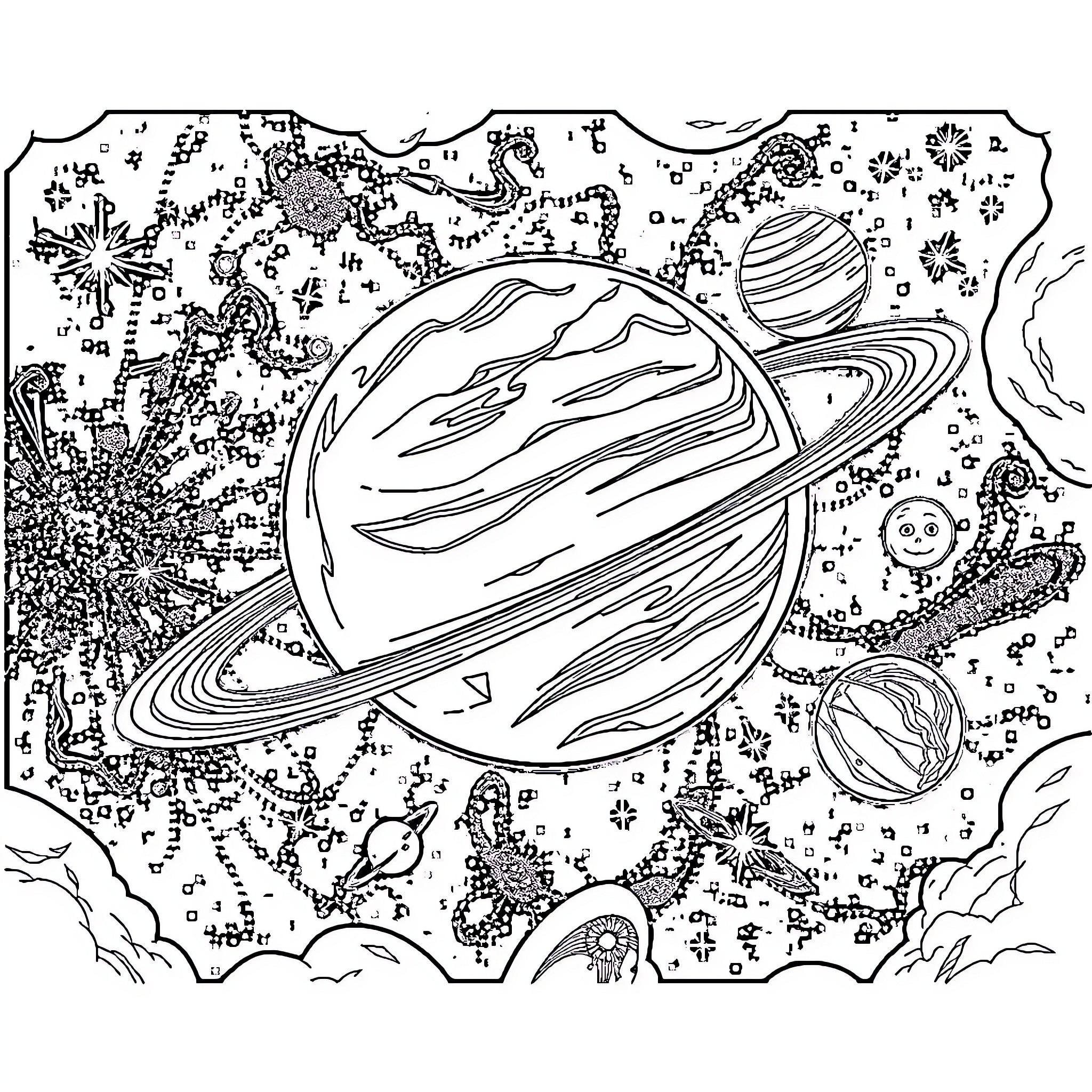 Solar System with Detailed Celestial Illustrations Coloring Page (free black-and-white line drawing printable PDF for all, from beginners to advanced learners, including children, teens, adults, and seniors)