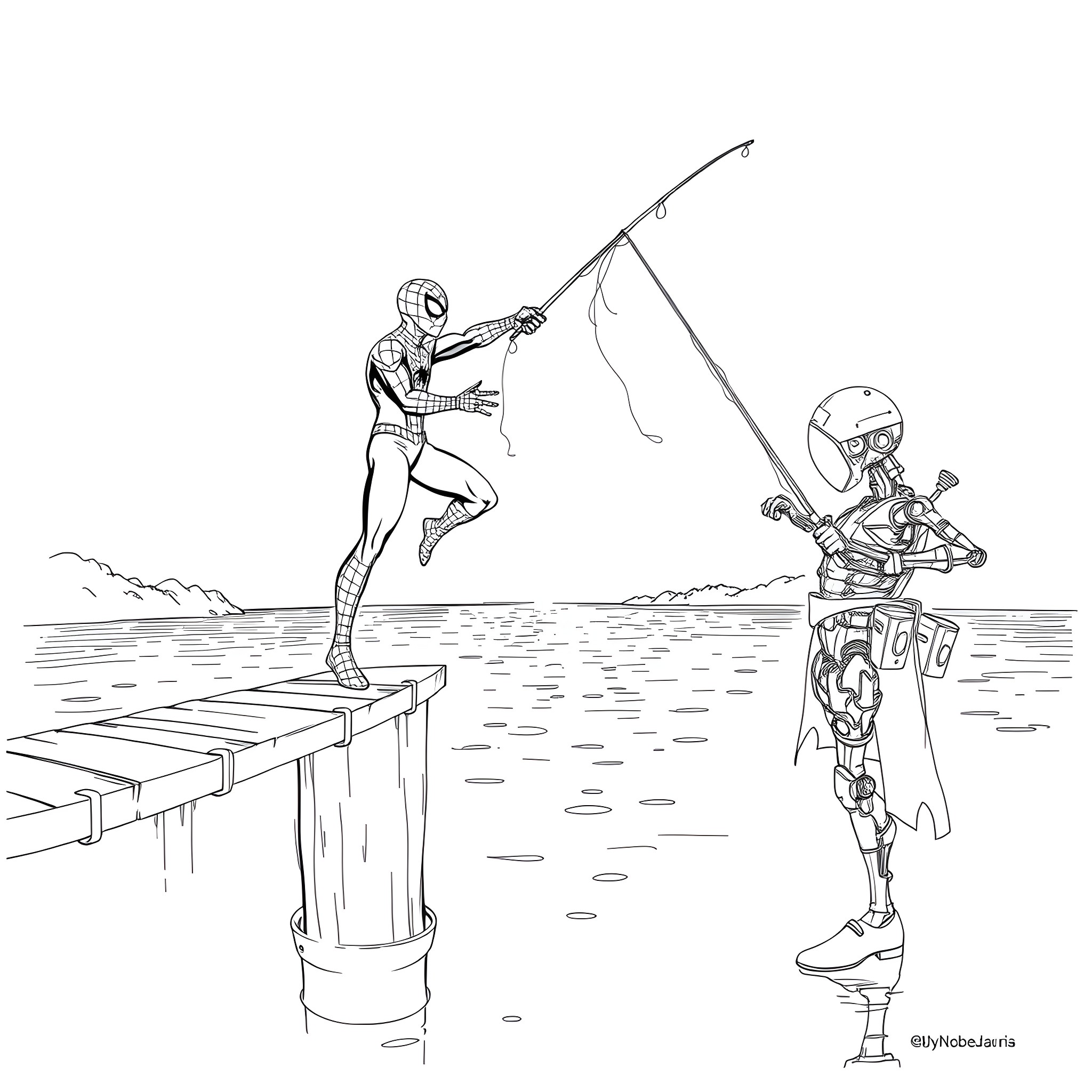 Spiderman fishing with robot sidekick Coloring Page (free black-and-white line drawing printable PDF for all, from beginners to advanced learners, including children, teens, adults, and seniors)