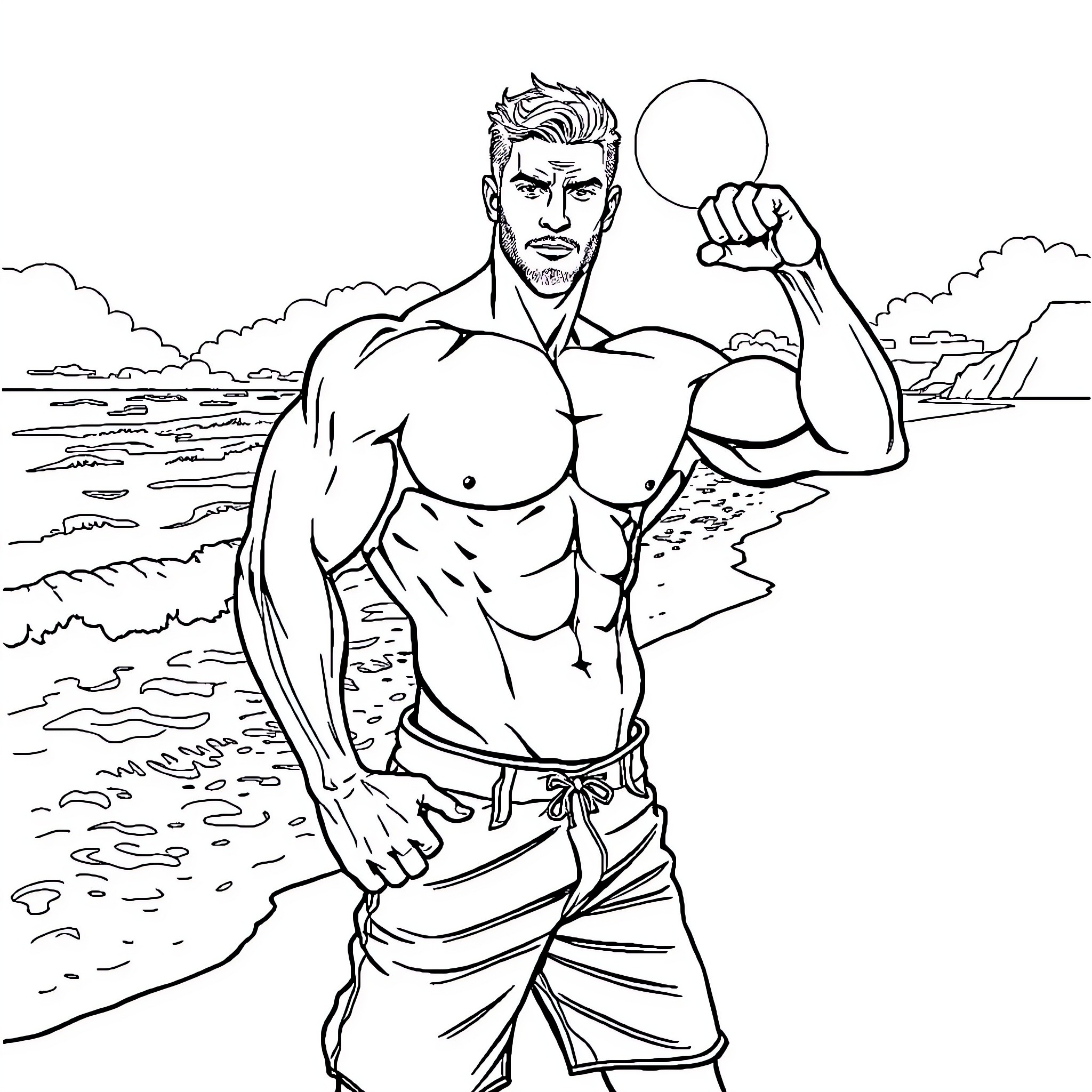 Man Flexing Muscles on Beach Coloring Page (free black-and-white line drawing printable PDF for all, from beginners to advanced learners, including children, teens, adults, and seniors)