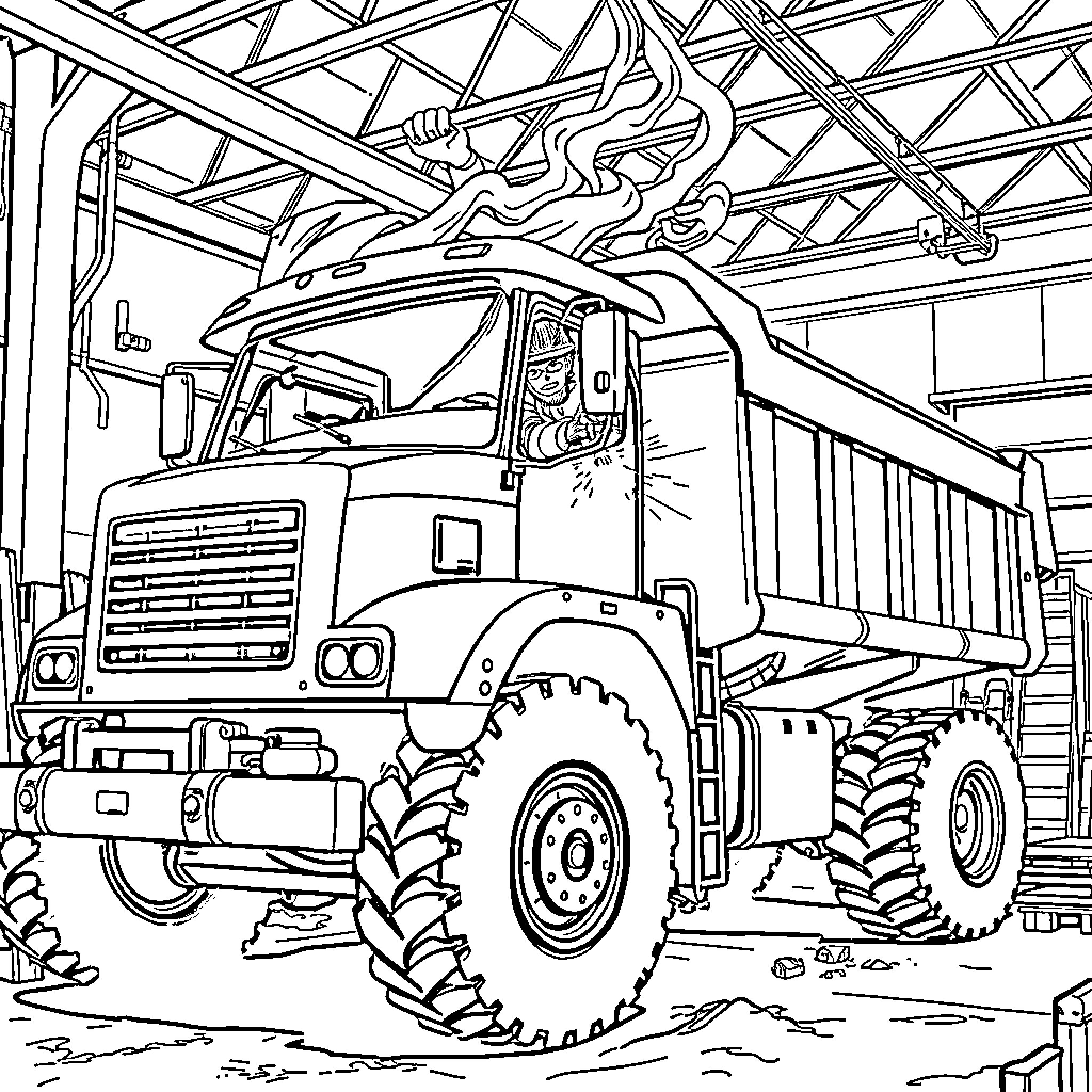 Welder working on a heavy-duty construction vehicle Coloring Page (free black-and-white line drawing printable PDF for all, from beginners to advanced learners, including children, teens, adults, and seniors)